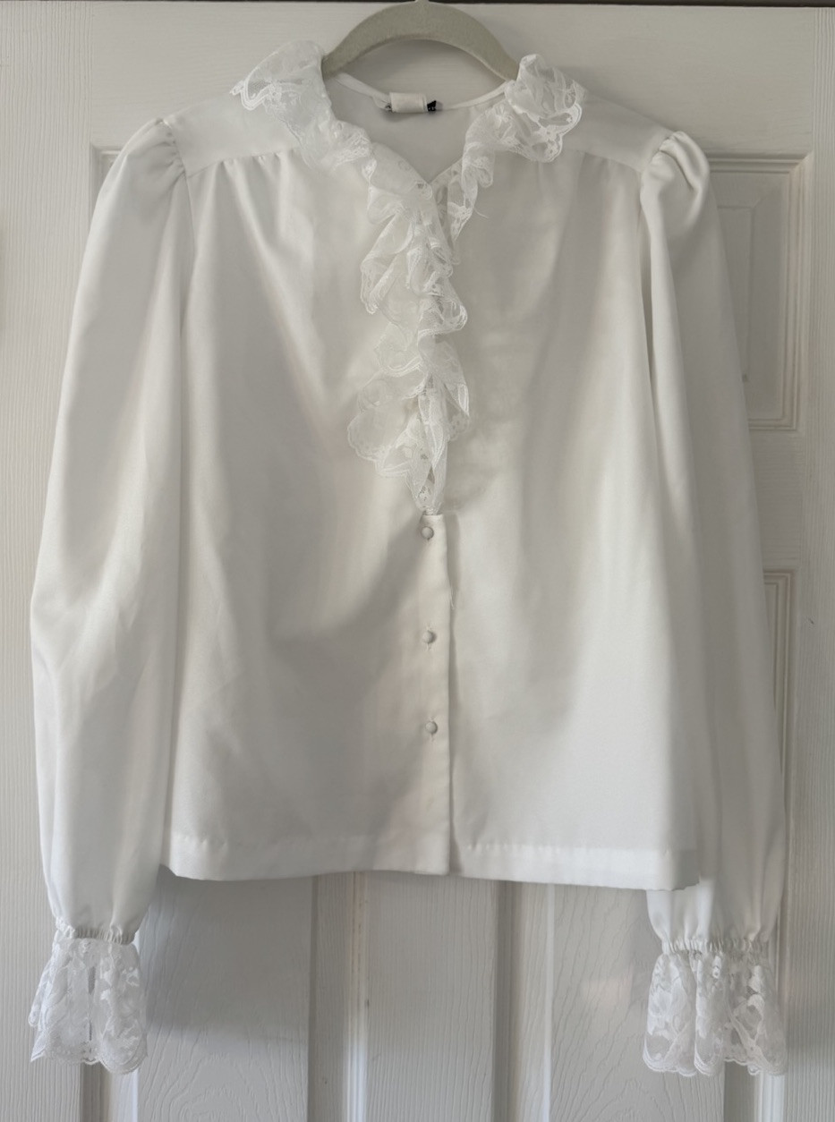 Vintage Alice Stuart Button Up Lace Trim Long Sleeve Blouse 60s 70s XS/S