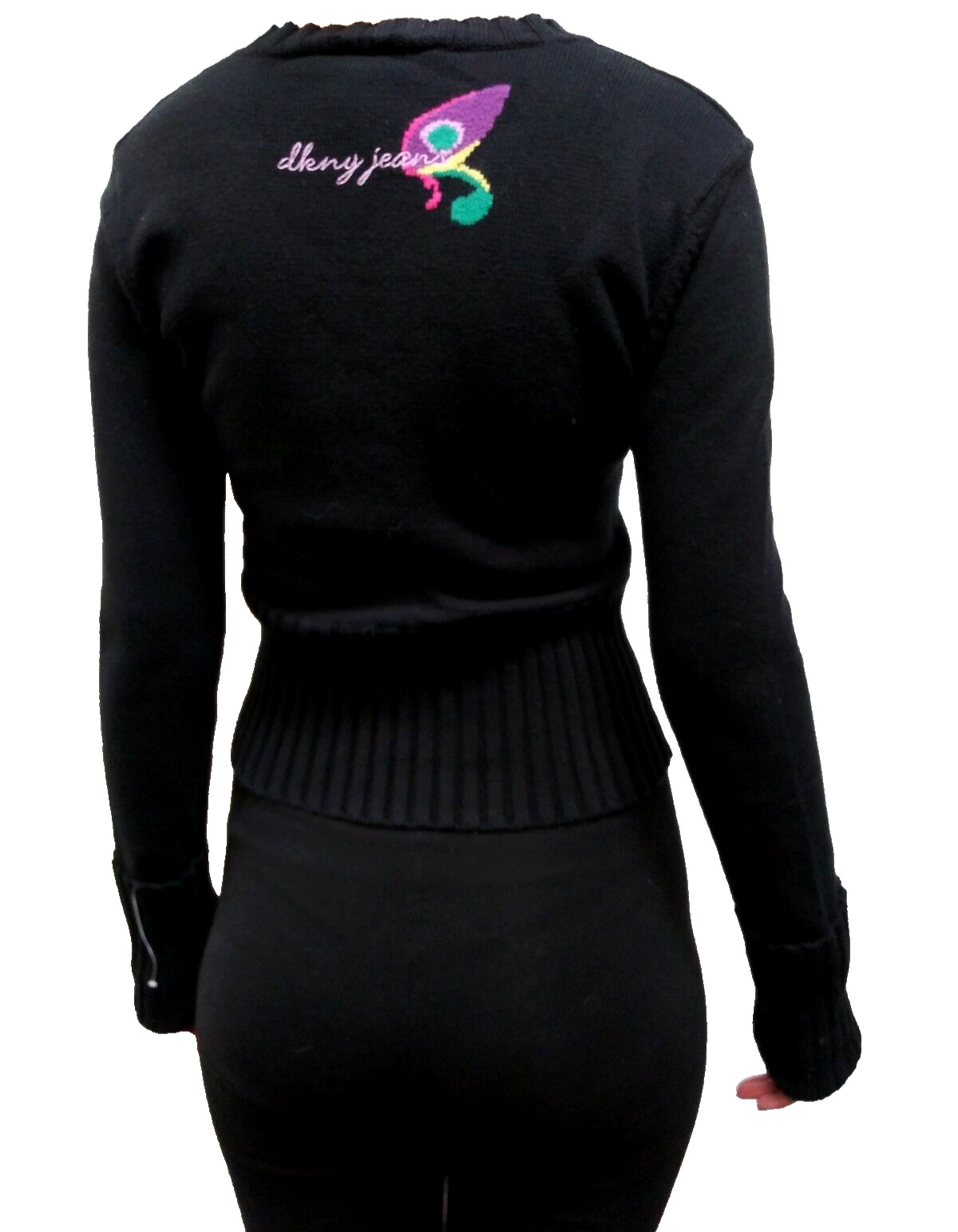 DKNY Jean Crop Style Sweater Pink Floral Cotton Long Cuffed Sleeves Donna Karan