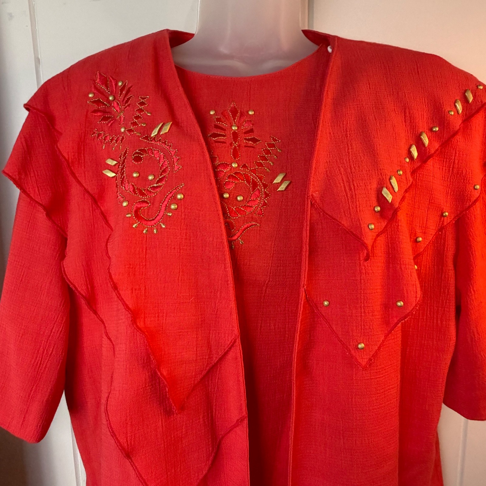 Vintage New City Girl Nancy Bolen Red/Orange 2PC Blouse Blazer Set Large Women’s