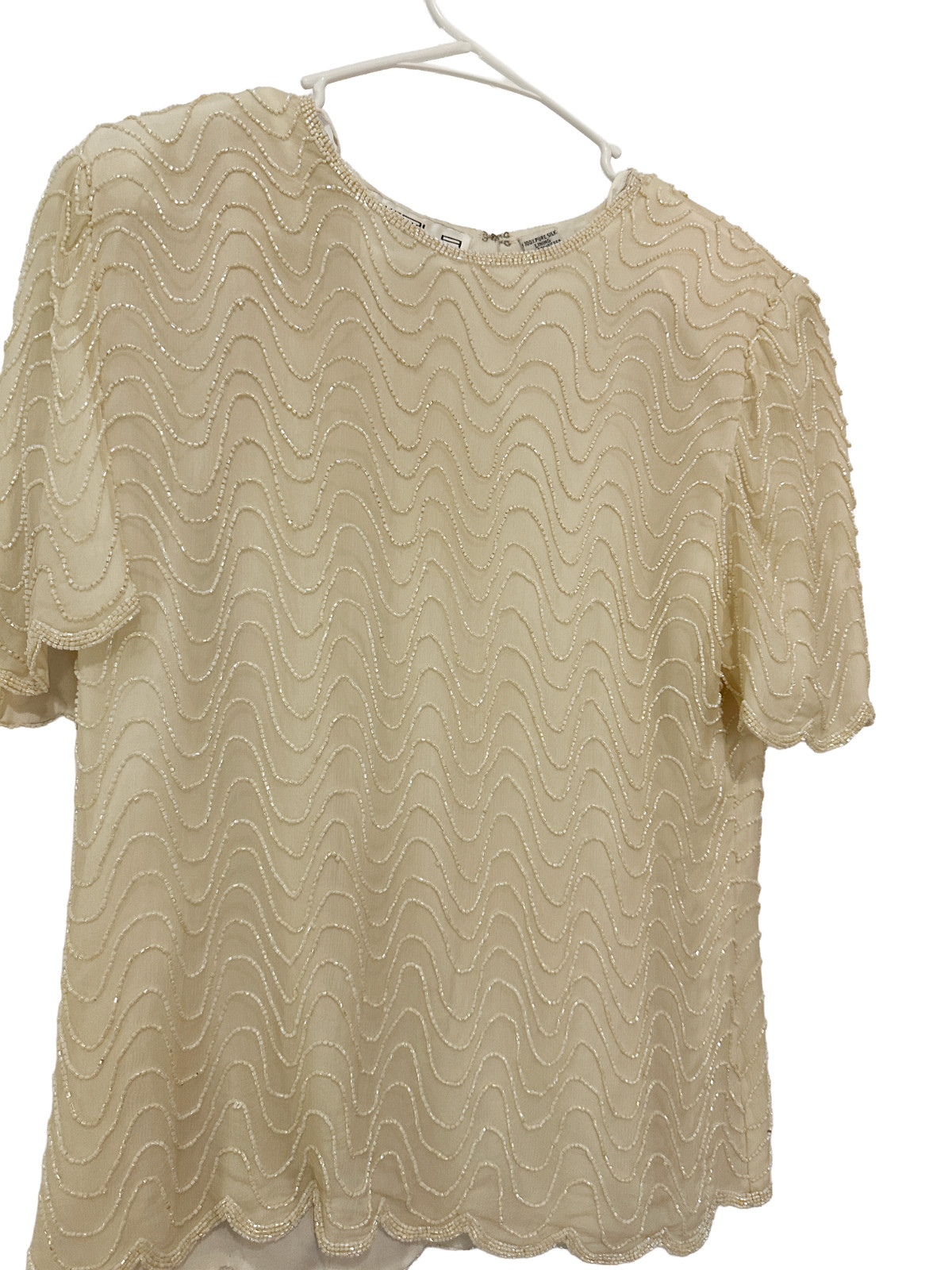 Vintage Scala 100% Silk Beaded Wave Top Cream Evening Cocktail Blouse Medium