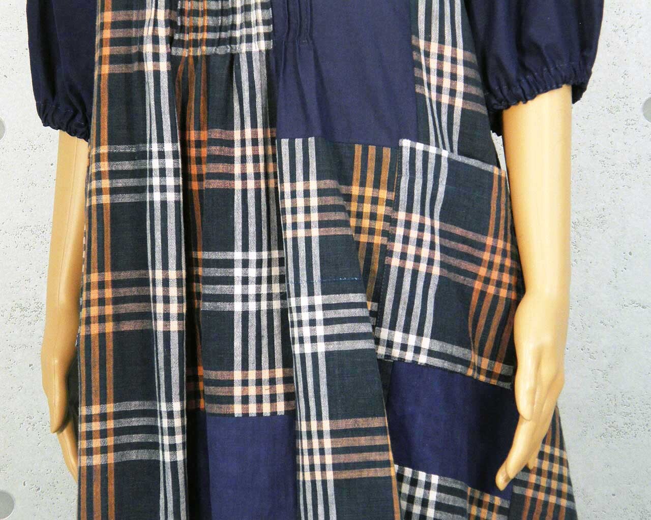 Japanese Vintage Kimono Remake Dress Cotton Indigo-dyed Round-neck Short-sleeved