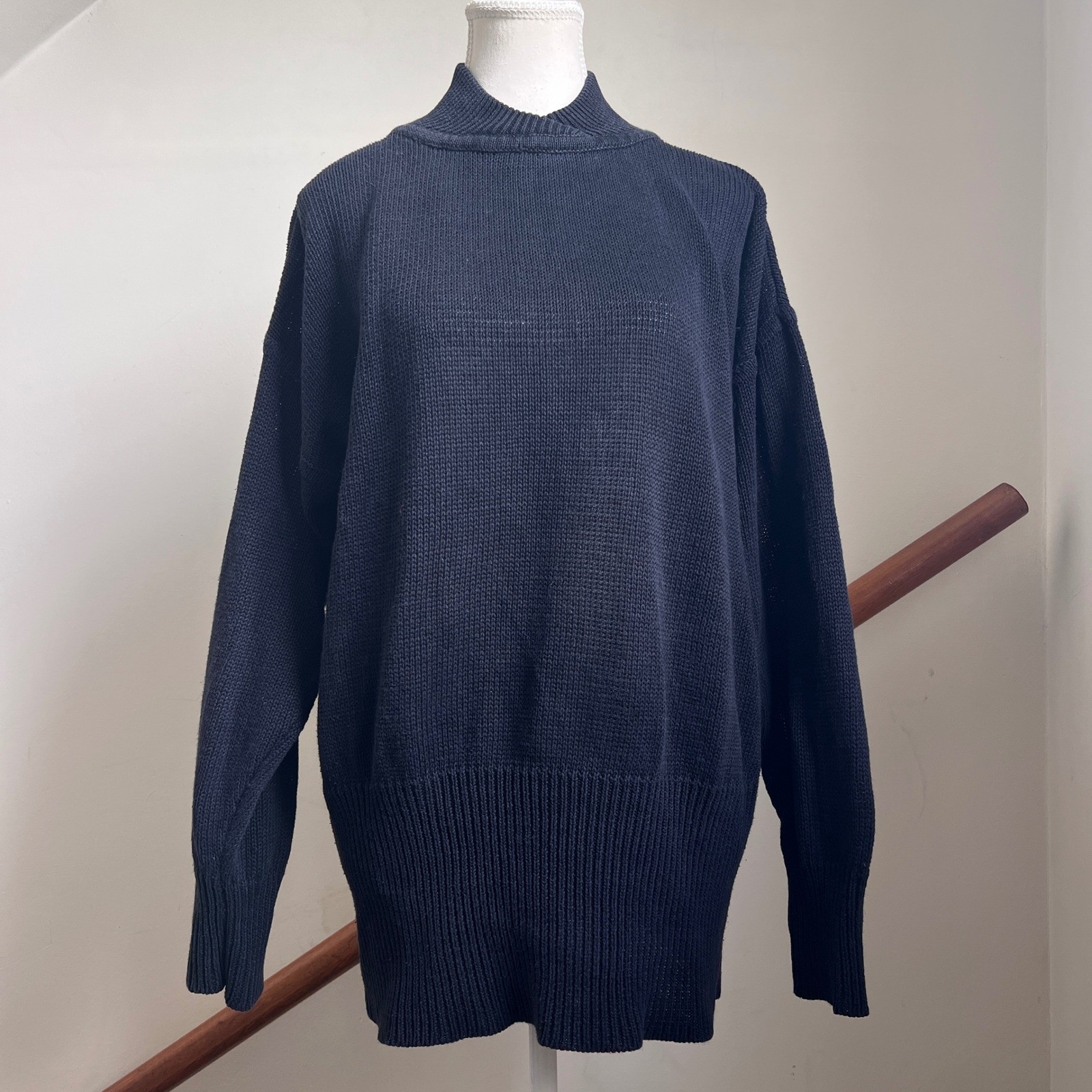 Vintage Baggy Minimalist Sweater Black Button Back Unique Mock Neck Knit Top M