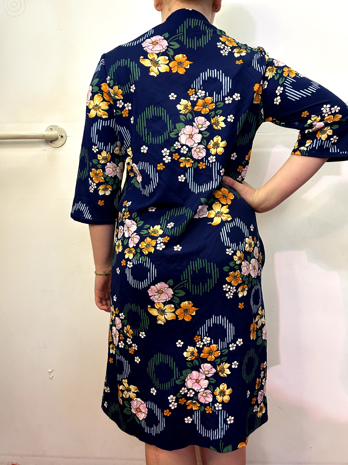 Vintage 1980s Stand Collar Shirt Waist Dress Blue Floral Polyester Buttons AU 14
