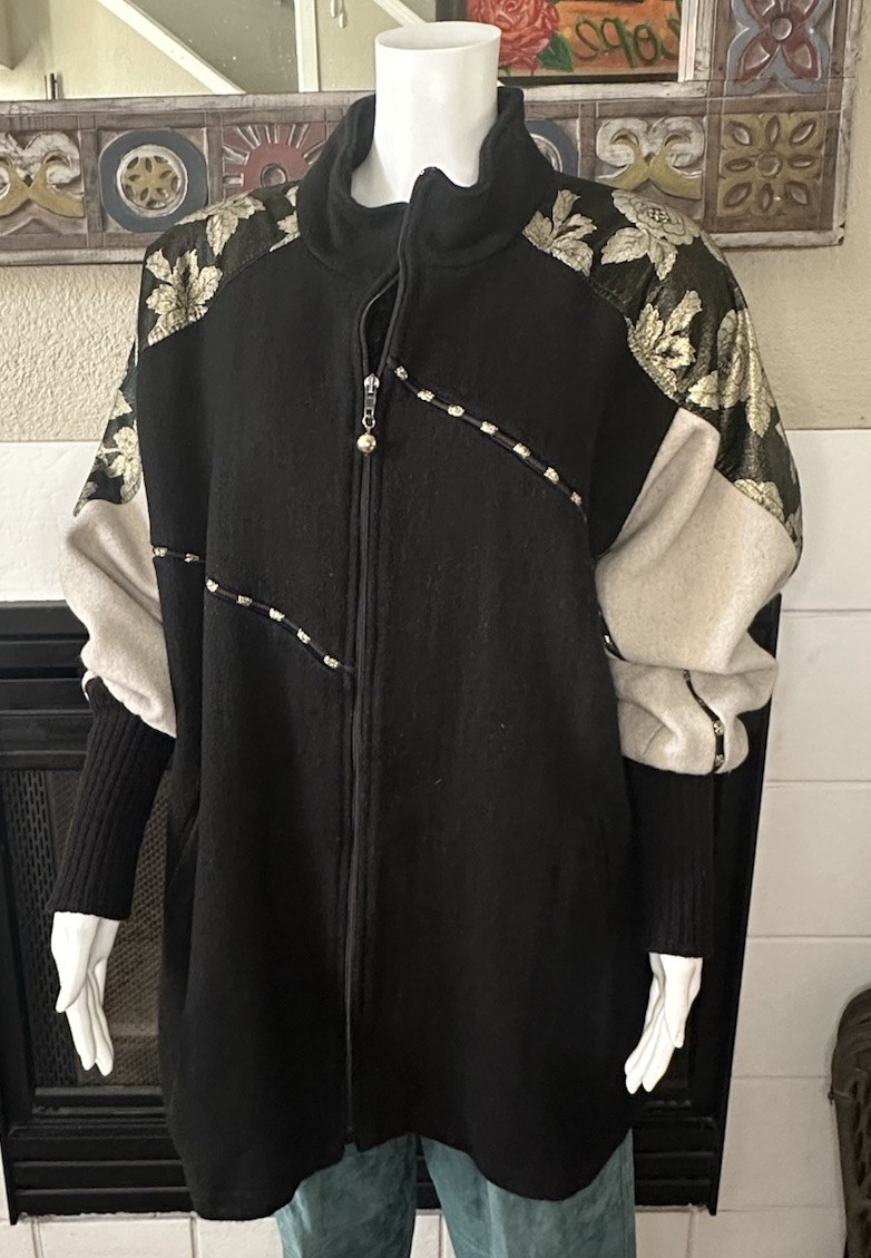 Vtg Wool Coat XL Lady Suzette Black Gold 80s Glam Zip Up Jacket Bat Wing Sleeves