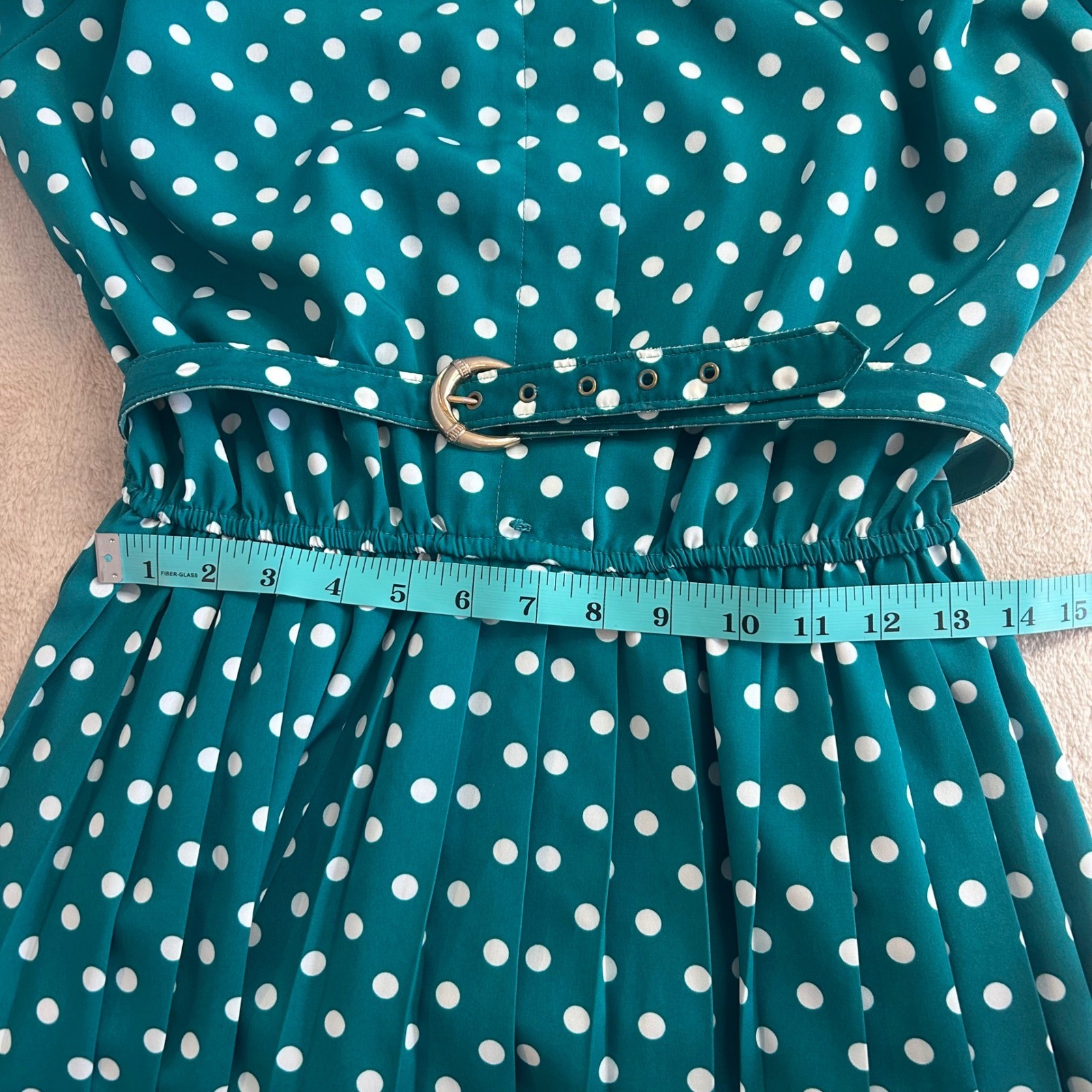 Vintage S/M 80s Lady Carol Petite Teal White Polka Dot Pleated Dress Belted Midi