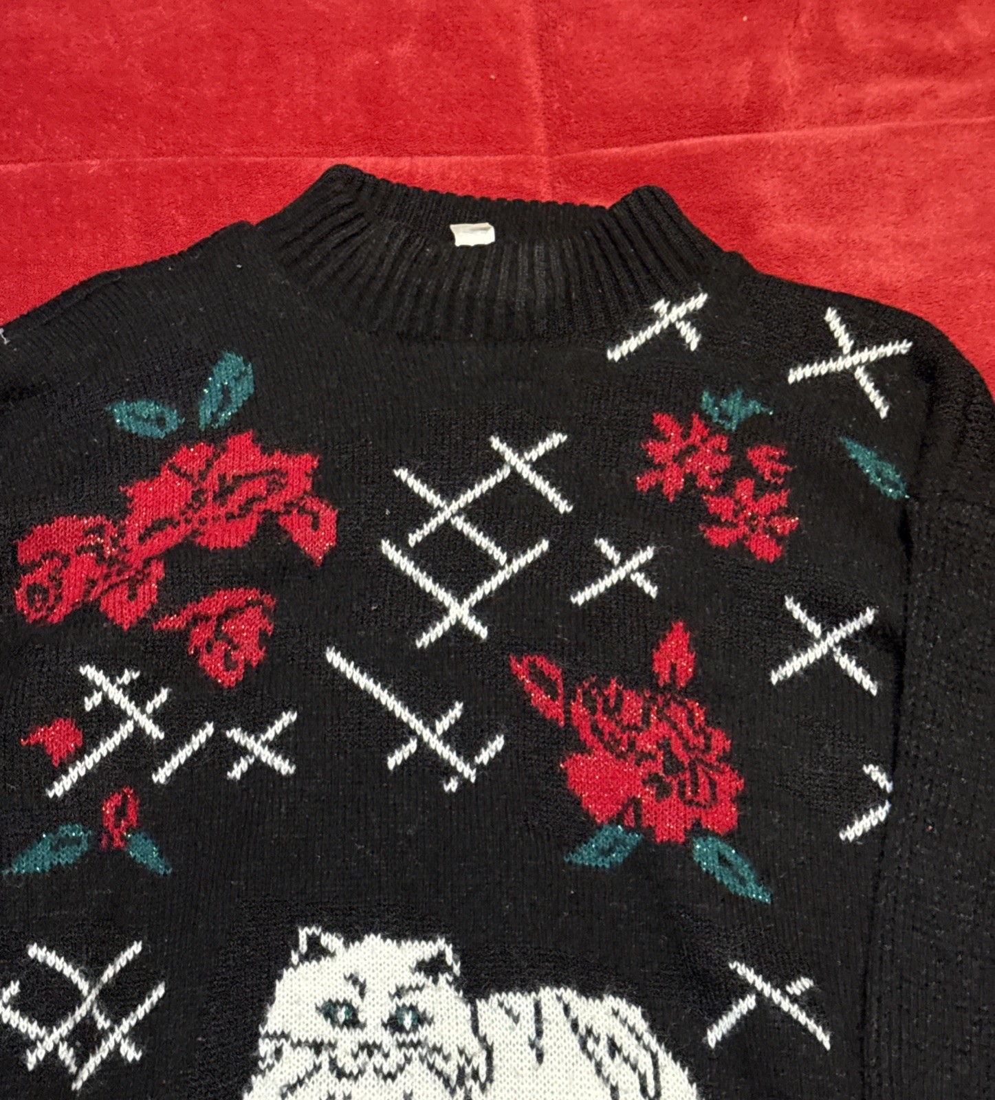 VTG SPUNKY Ugly Sweater Women Black Red Metallic Whimsygoth White Spooky Size?
