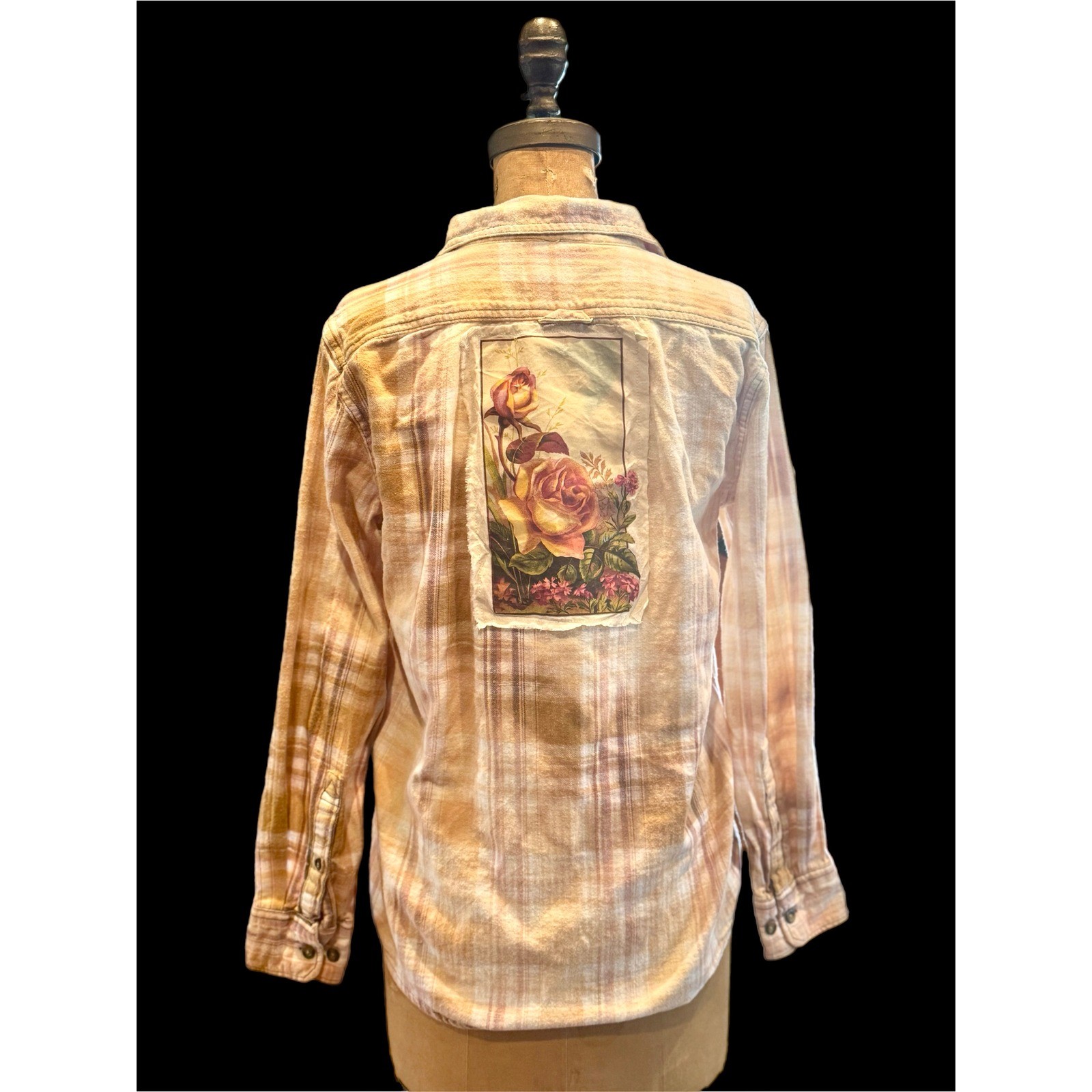 Upcycled Yellow Rose Flannel Shirt Small Cotton Boho Folk Art
