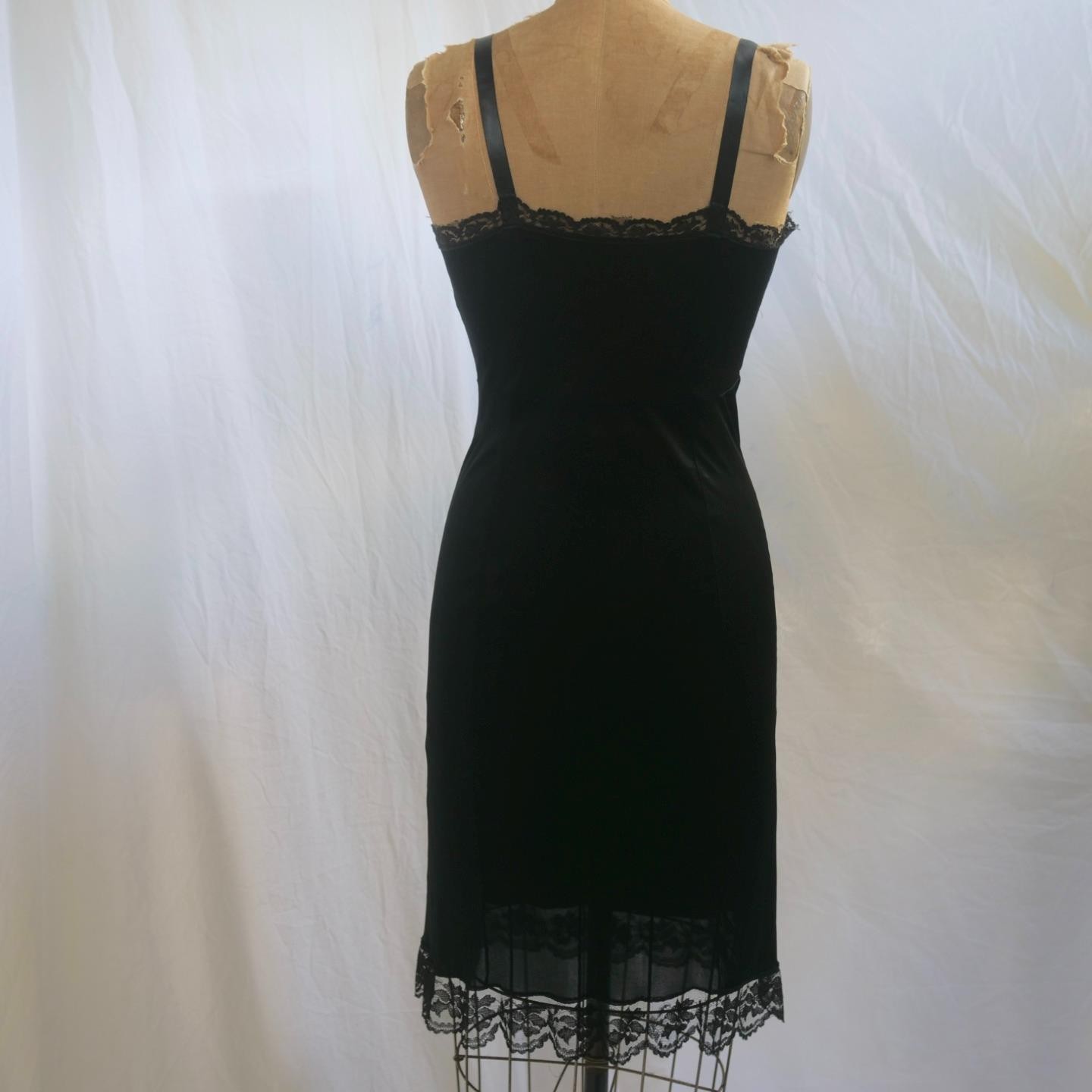 Vintage 60s DIXIE BELLE Black Acetate Tricot Full Slip Dress Floral LACE 34 S/M