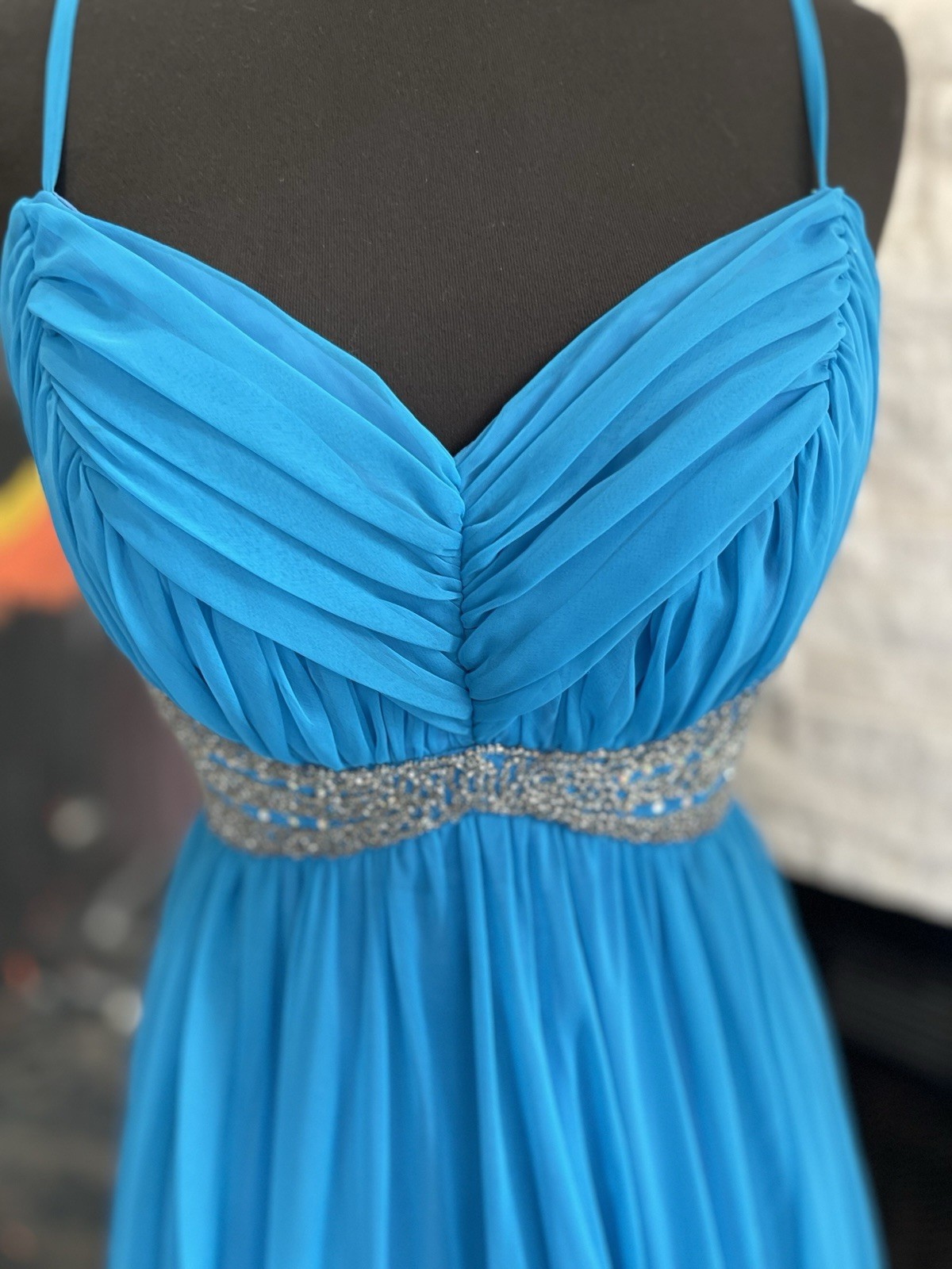 Vintage Ball Gown 1970s Mike Benet Blue Dress White Silver Beads Sequins Chiffon
