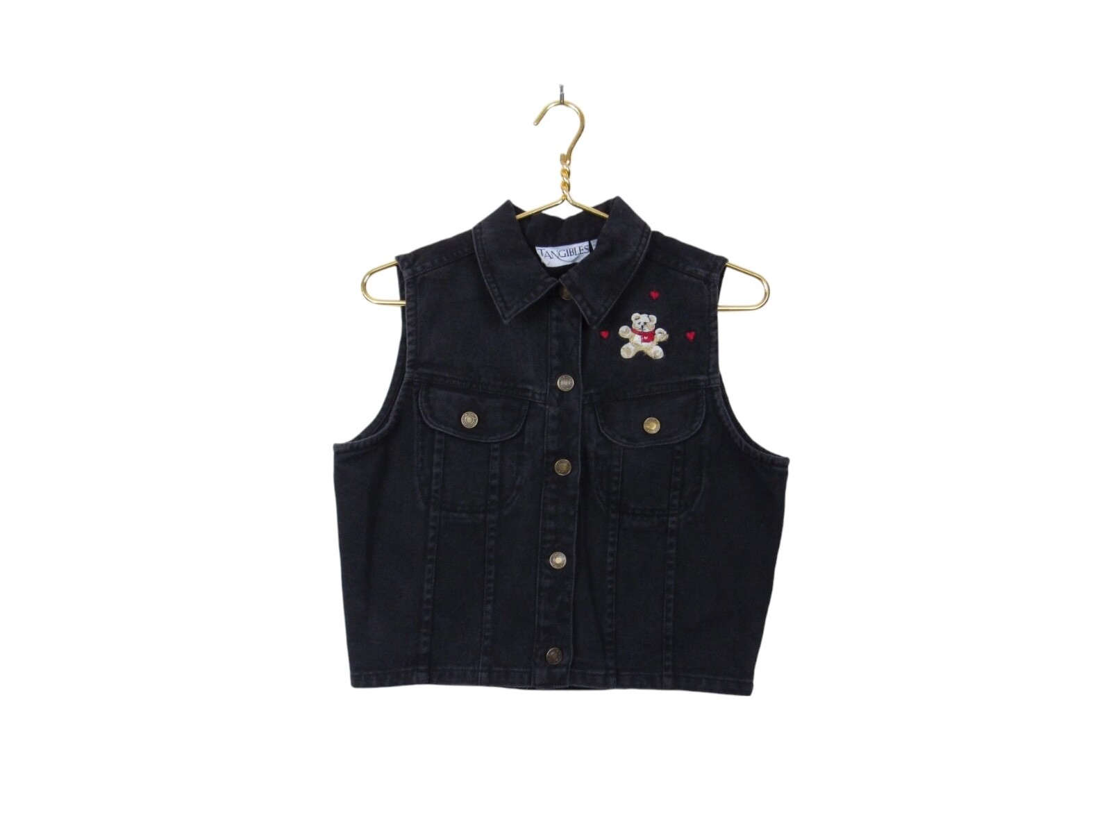Vintage 90s Tangibles Black Denim Vest / Sleeveless Jean Vest Embroidered Bear