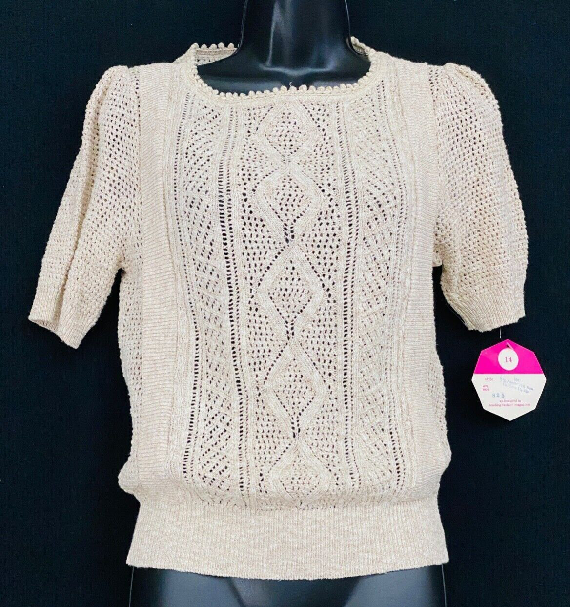 Vintage 1970s ivory white short puffed sleeve sweater M L cropped cable knit NWT
