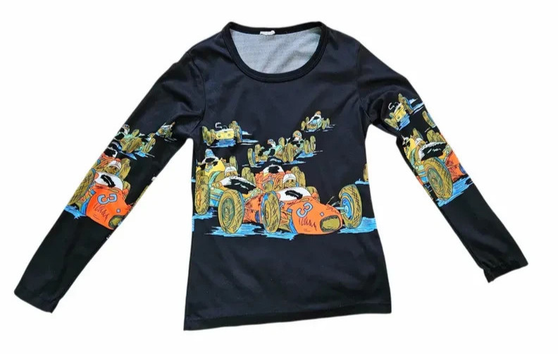 1970s Black Poly Long Sleeve Tee Race Cars Novelty Print Shirt