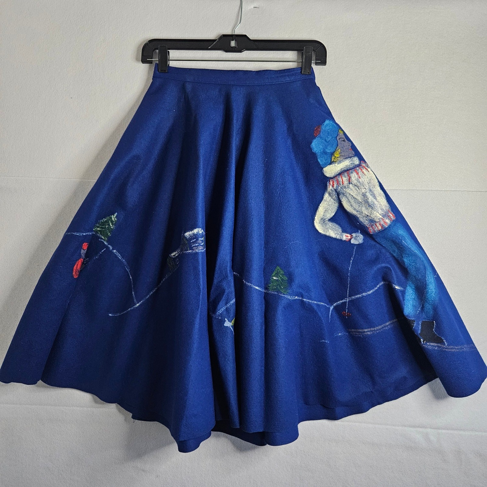 Vintage Hand Painted Ski Scene Blue Felt Circle Skirt 1950s XS Winter Lodge