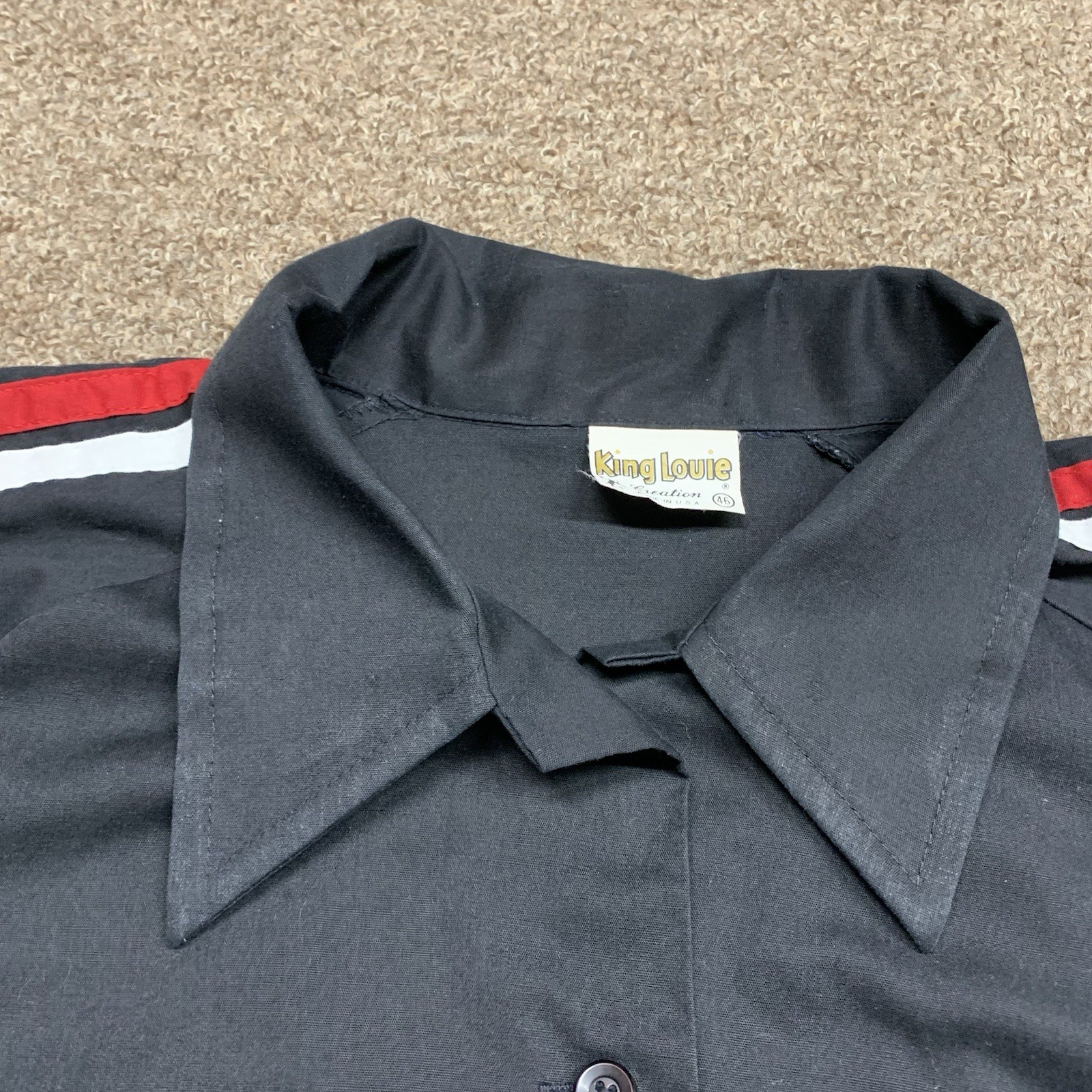 Vintage 1970s Black King Louie Bowling Shirt Size 46 Flying A Petroleum USA Made