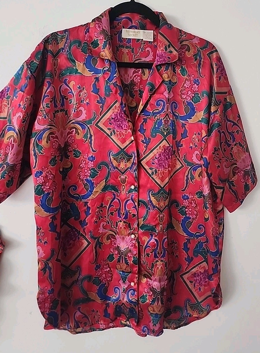 Vtg 90s Victoria’s Secret Gold Label PJ Long Top Liquid Satin Oversized P/Small