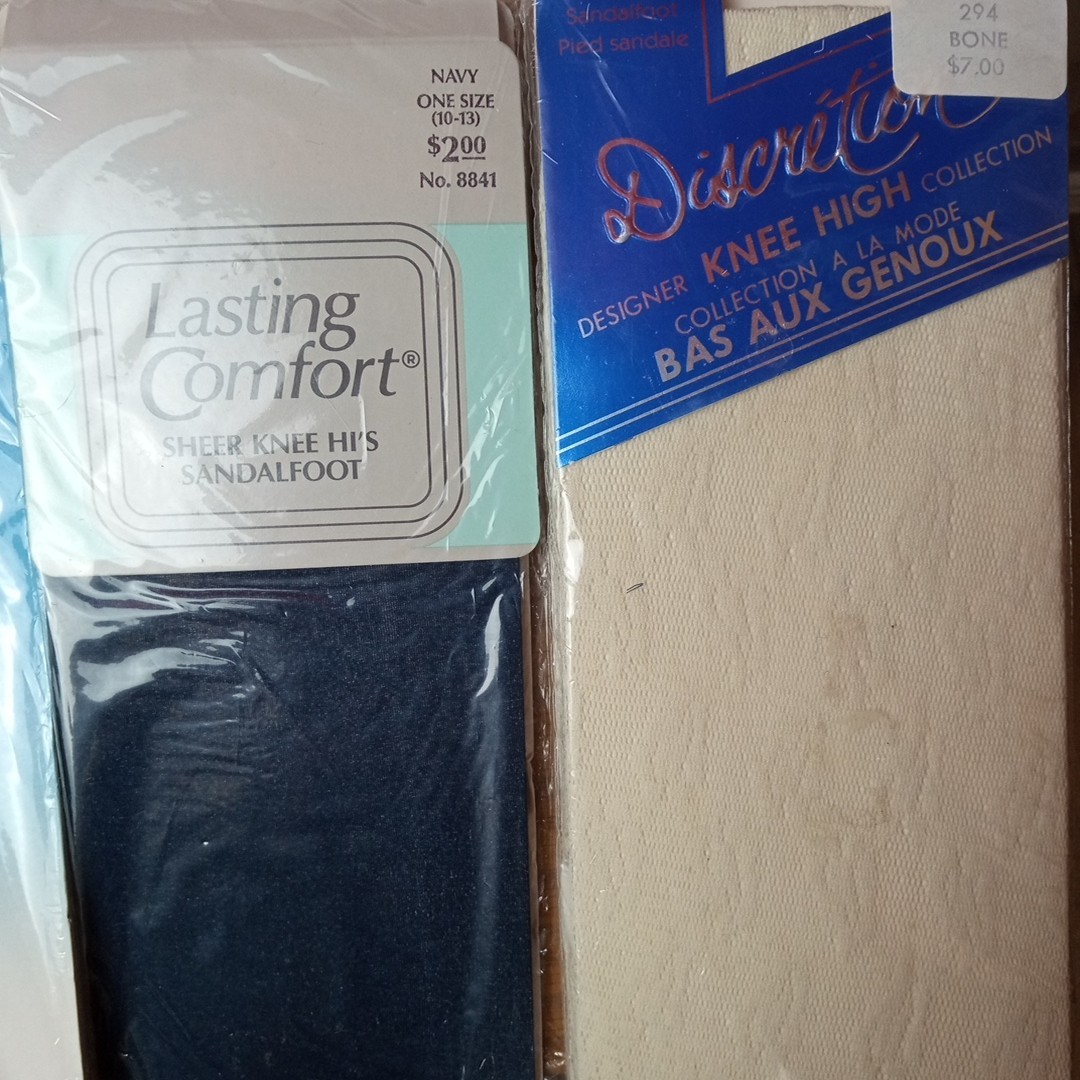 7 Vtg Textured Mesh Knee Hi High Sandal Foot Nylons Stockings One Size 8.5-13