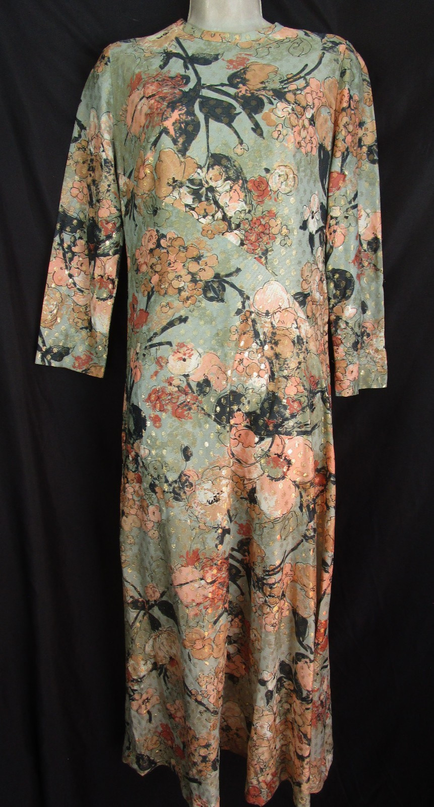 Vtg 60s 70s Leslie Fay Pomer Sage Green Hostess Maxi Bias Dress Gold Threads