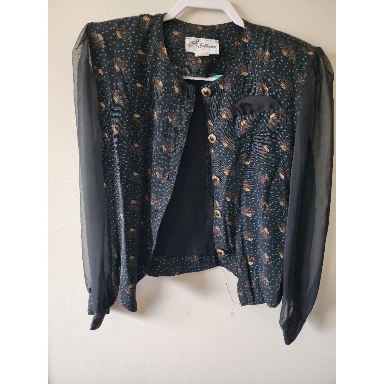 Vintage Willy’s Influence Black Teal Gold Sheer-Sleeve Blouse Jacket