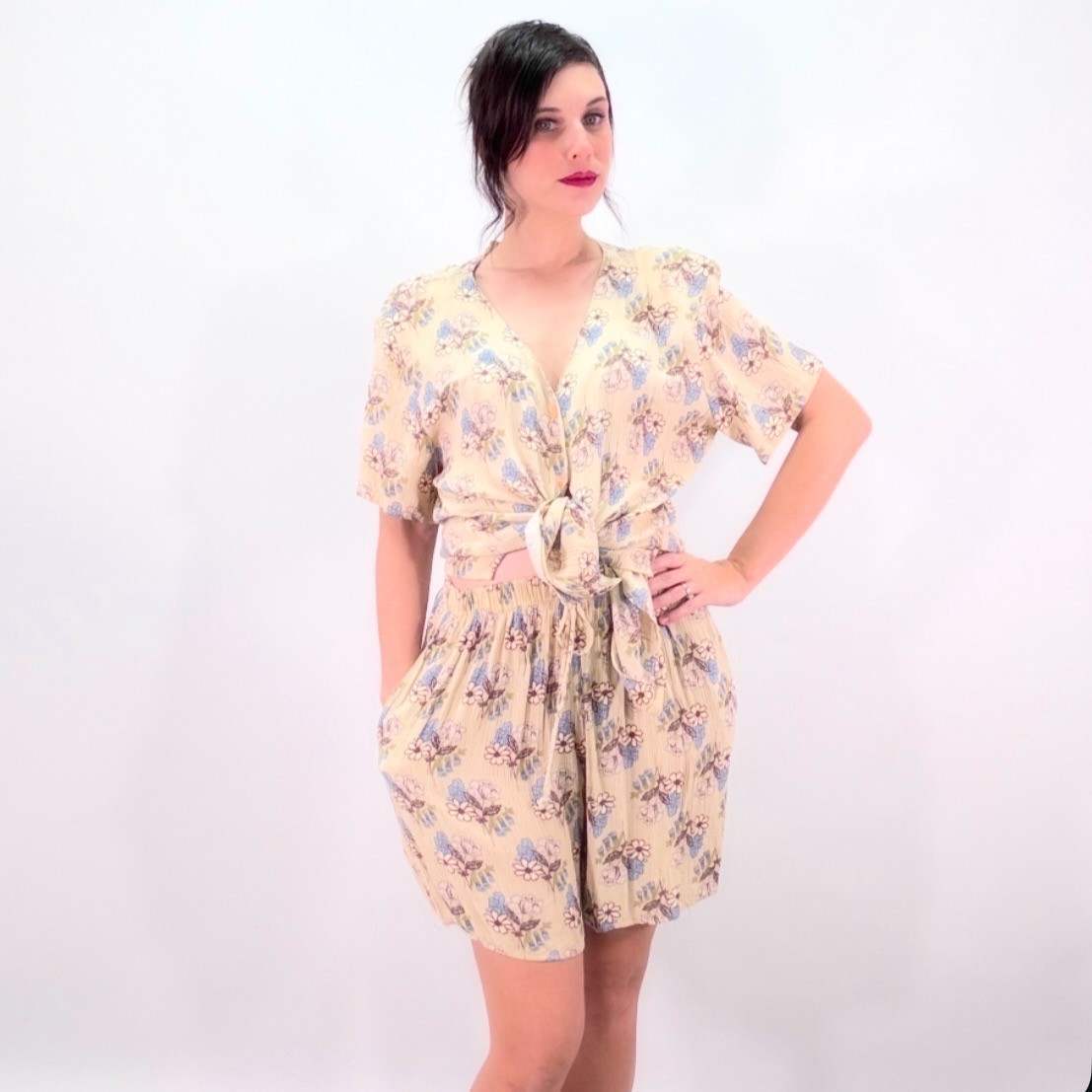 Vintage 90s Shorts Set M/L Crinkled Rayon Gauze Cottagecore Floral Summer Outfit