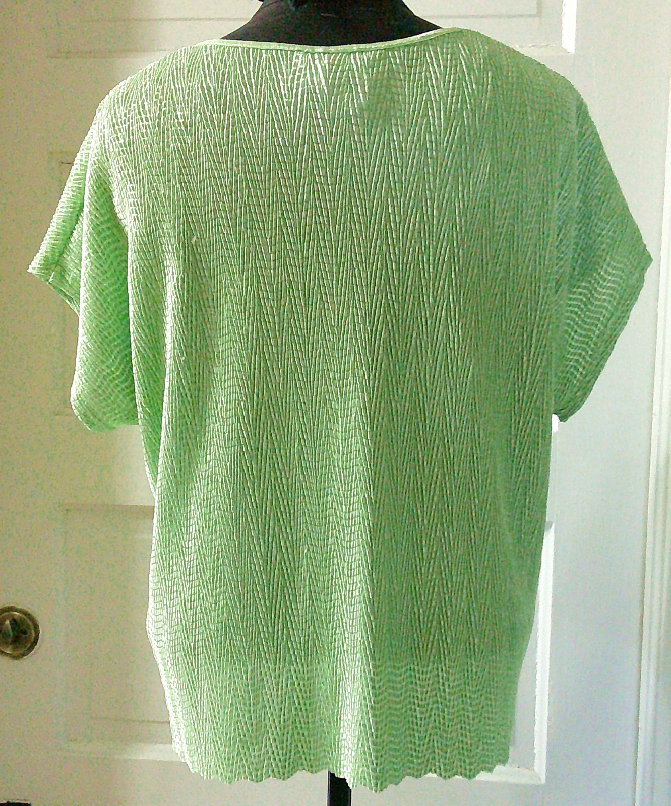 ’80’s LANA LEE SS Lime Green Shiny Crinkle Cap Sleeve Shirt Top Blouse XL
