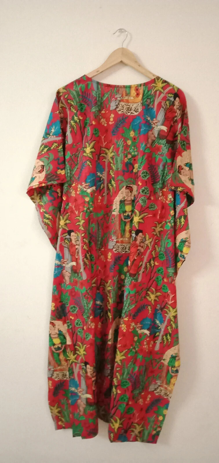 Frida Kahlo Design Caftan Indian Bohemian Nightwear Red Dress Long Kaftan Maxi