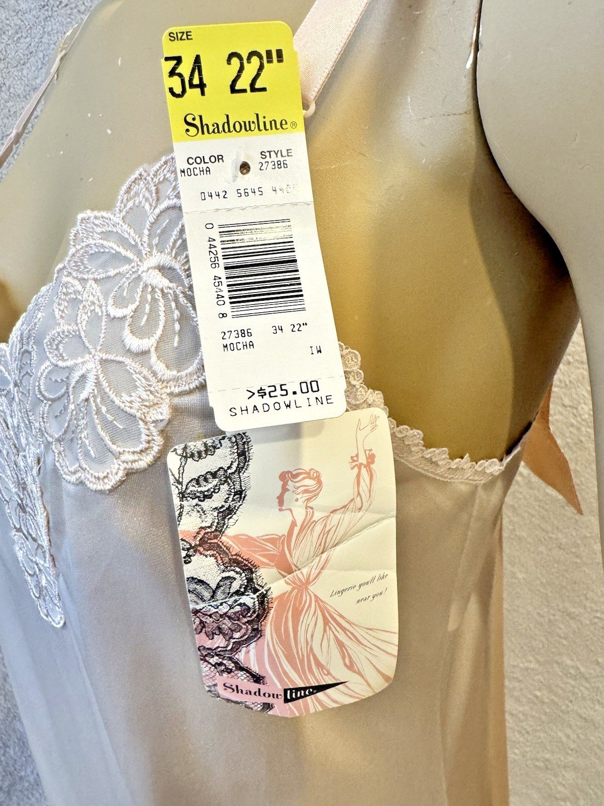 VTG Shadowline Dress Slip NEW w/Tags Peek-A-Boo Lace Sz 34 Mocha Beige 90’s