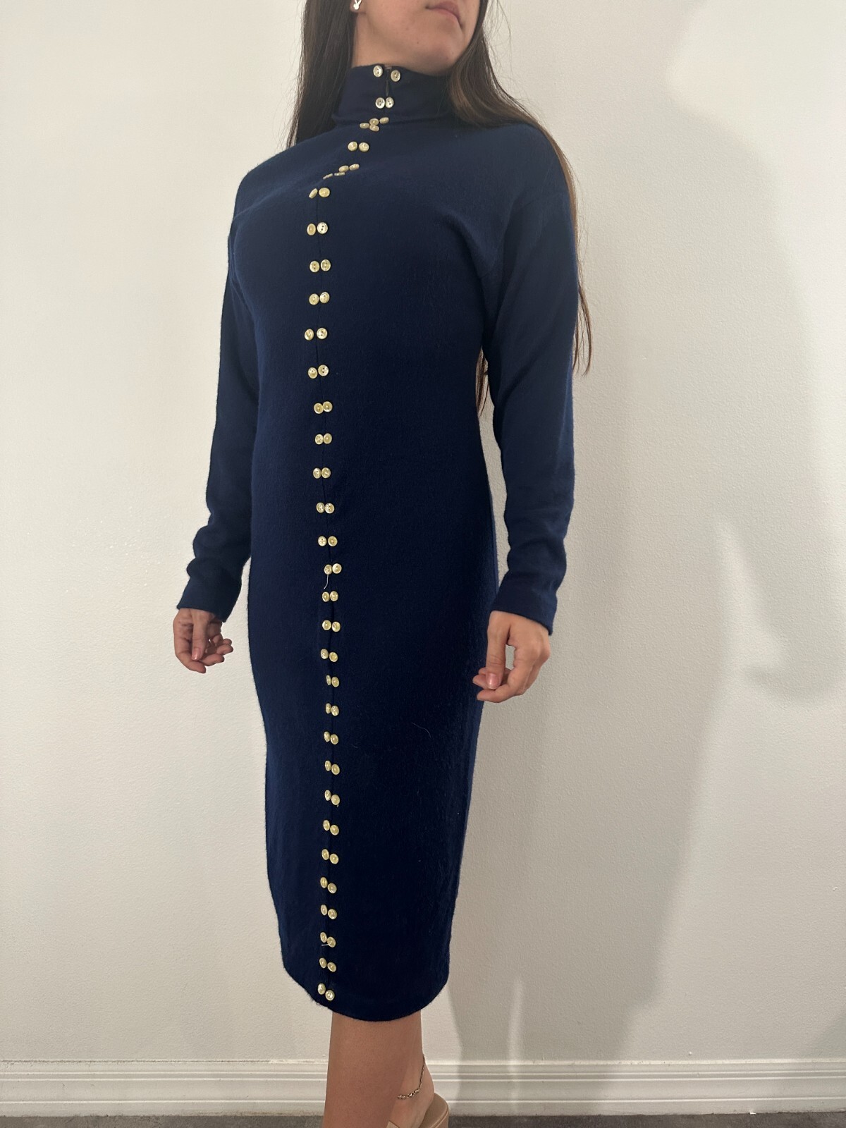 True Vintage Navy Sweater Midi wool blend Dress Oops California Size Small