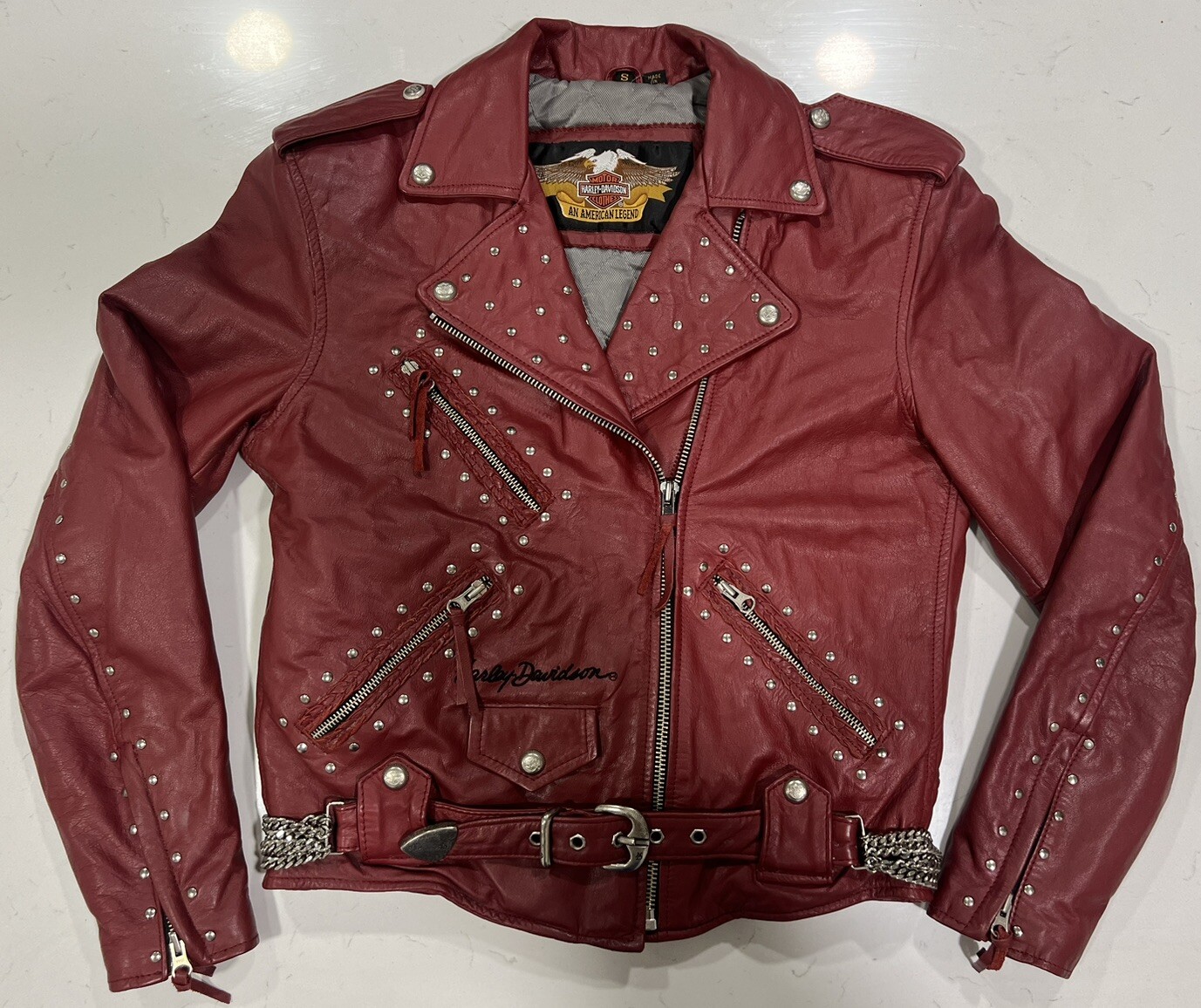 Vintage Harley Davidson Red Leather Jacket With Metal Accents Punk Grunge Size S