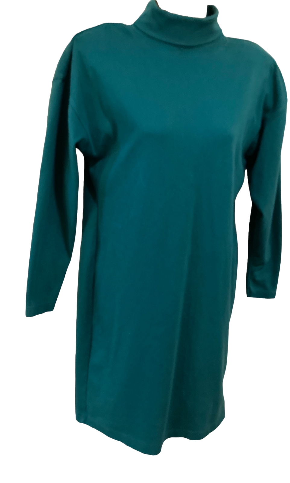 Vintage Fads Dark Aqua Green Turtleneck L/S Cotton Dress Size Large Shoulder Pad