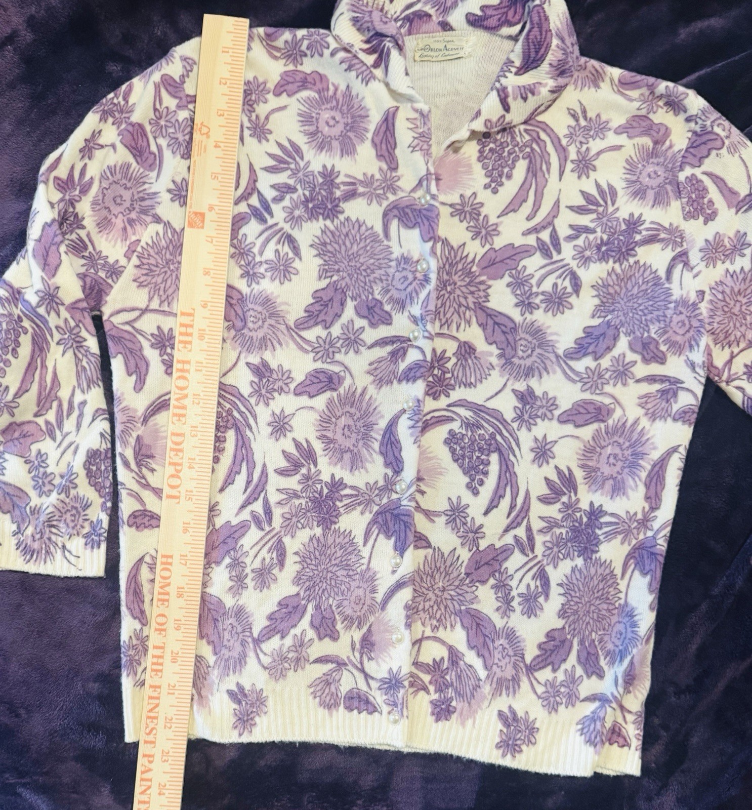 Vintage 1950s Purple Floral Cardigan Pearl Buttons EVC