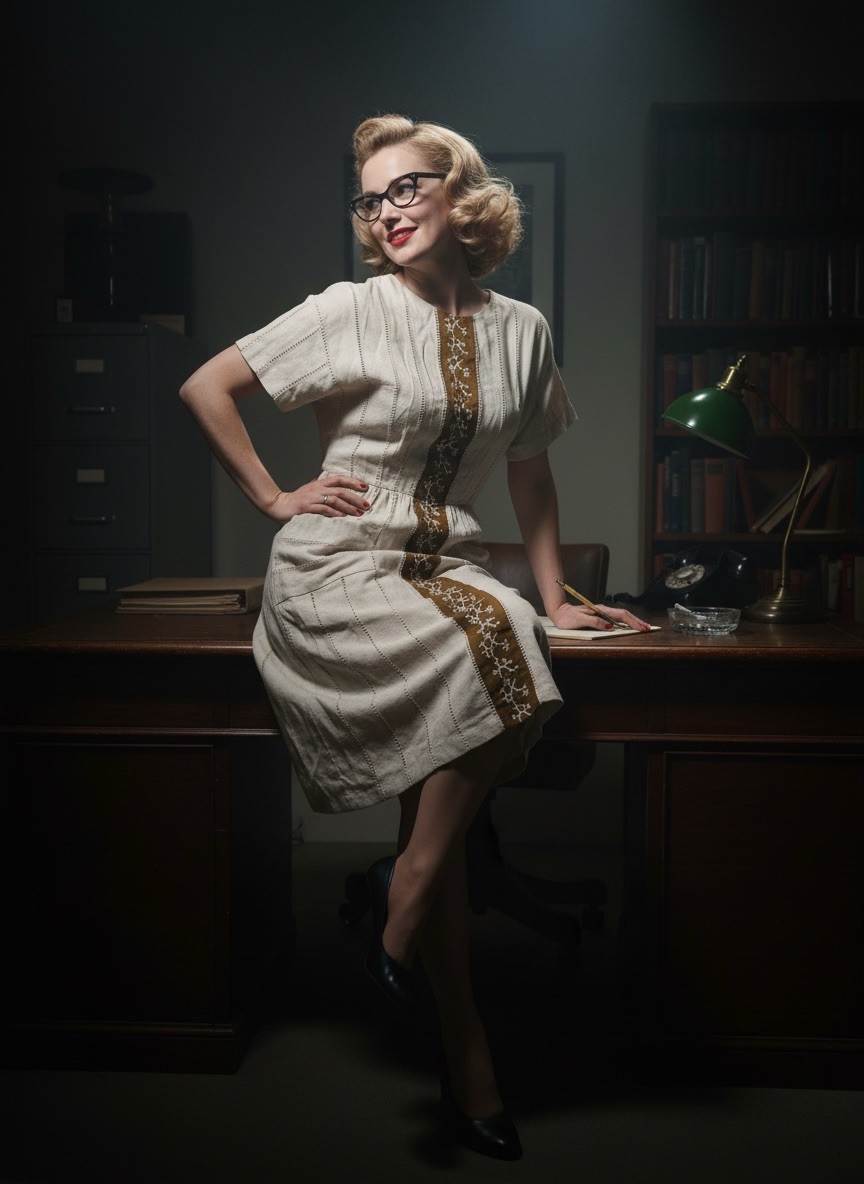 Vintage 50’s 100% Linen Carlye Dress 10 Beige Conmar Zipper Movie Set Broadway