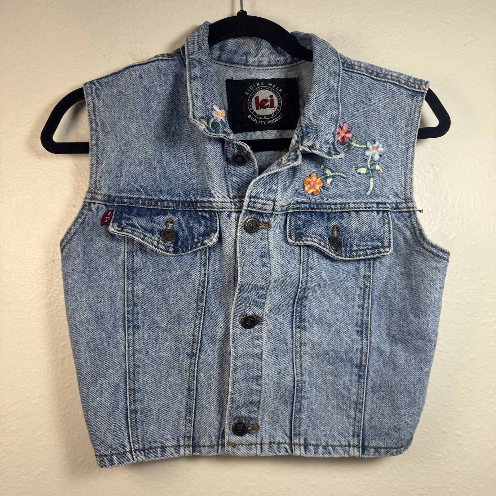 Vtg L.E.I. Denim Cropped Vest Jrs Sz Medium Jean Y2K 90s Grunge Punk USA