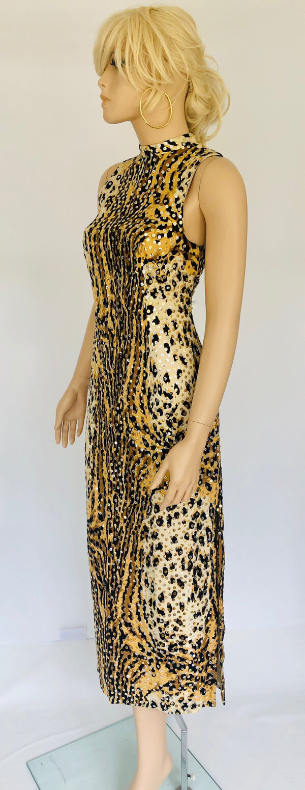 Leopard Sequined Dress Mollie Parnis DESIGNER Midi Long Leg Slit Shift Vintage