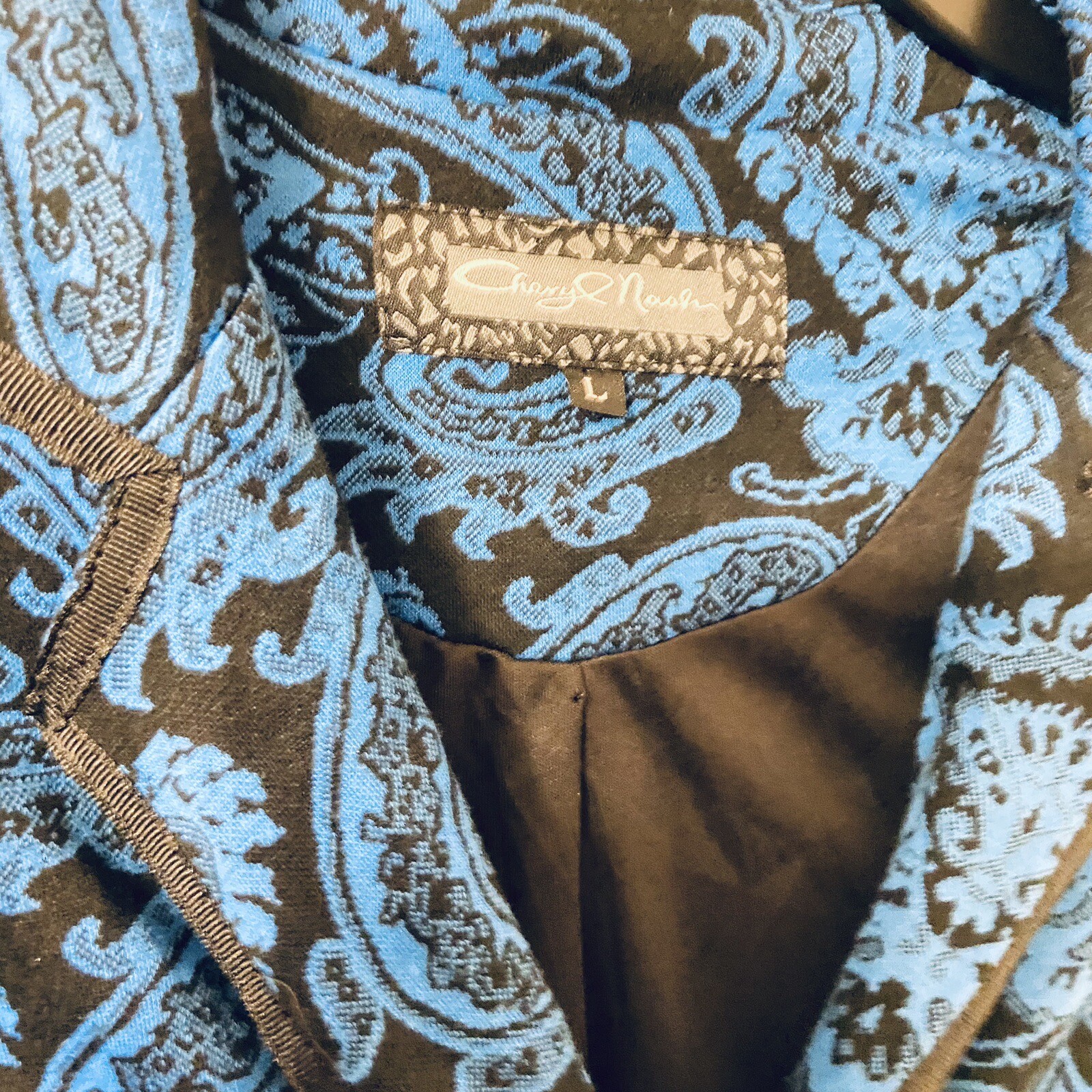 Cheryl Nash Retro Vintage Paisley Blue and Black Notched Collar Blazer Size L.
