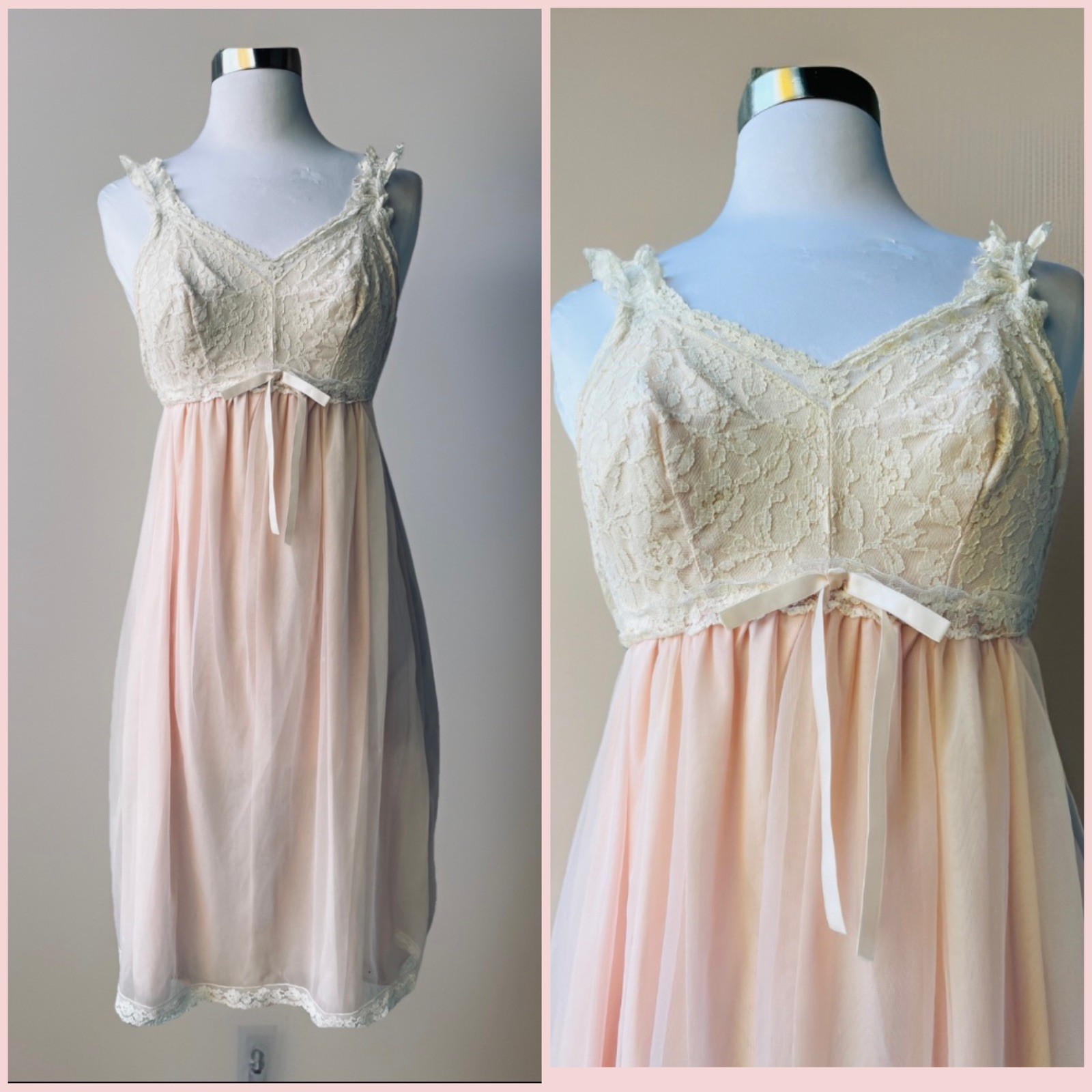 Vintage 50s Aristocraft Superior Soft Pink Babydoll Nightgown w/Cream Lace 34