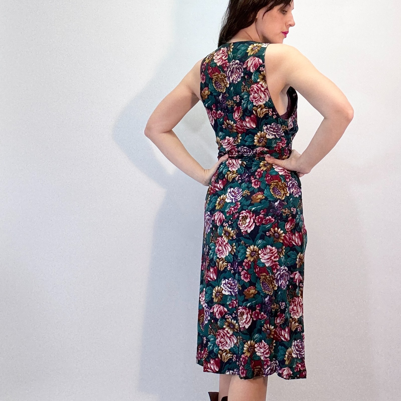 Vintage 80s Floral Midi Dress Cottagecore Cotton Wrap Dress w/ Pockets
