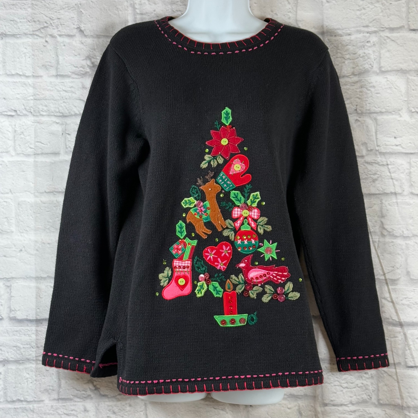 VTG Quacker Factory Jeanne Bice Women’s Small Christmas Tree Sweater Embroidered