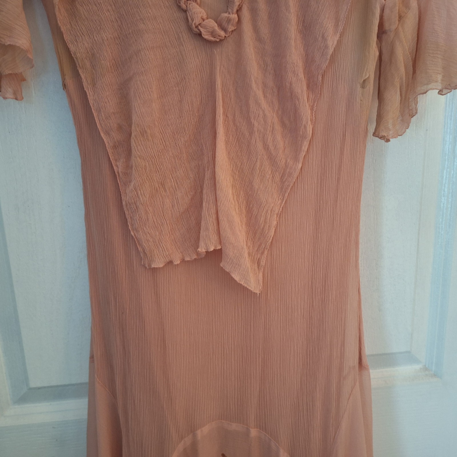 Antique 1930s Peach Chiffon Dress Rosette Trim Flutter Sleeve AS IS Art Deco