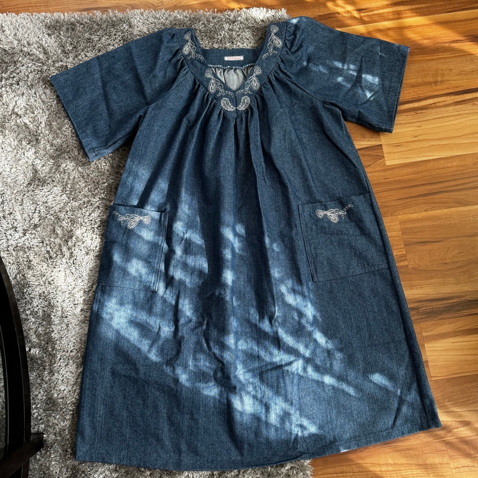 VTG Handmade Cotton Denim Caftan Smock Mumu House Dress Size Small