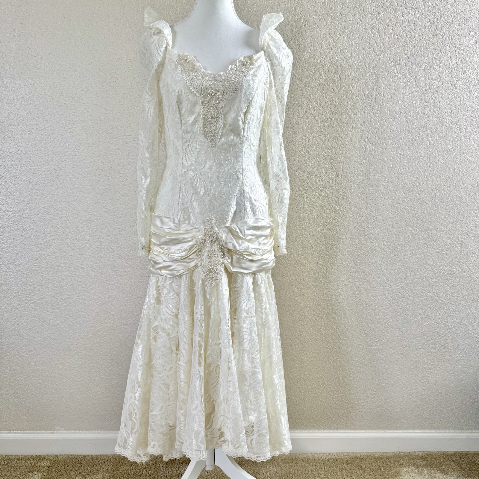 Vintage 80s Bonnell White Lace Chiffon Hi Lo Dress Wedding Prom Party Deco Sz M