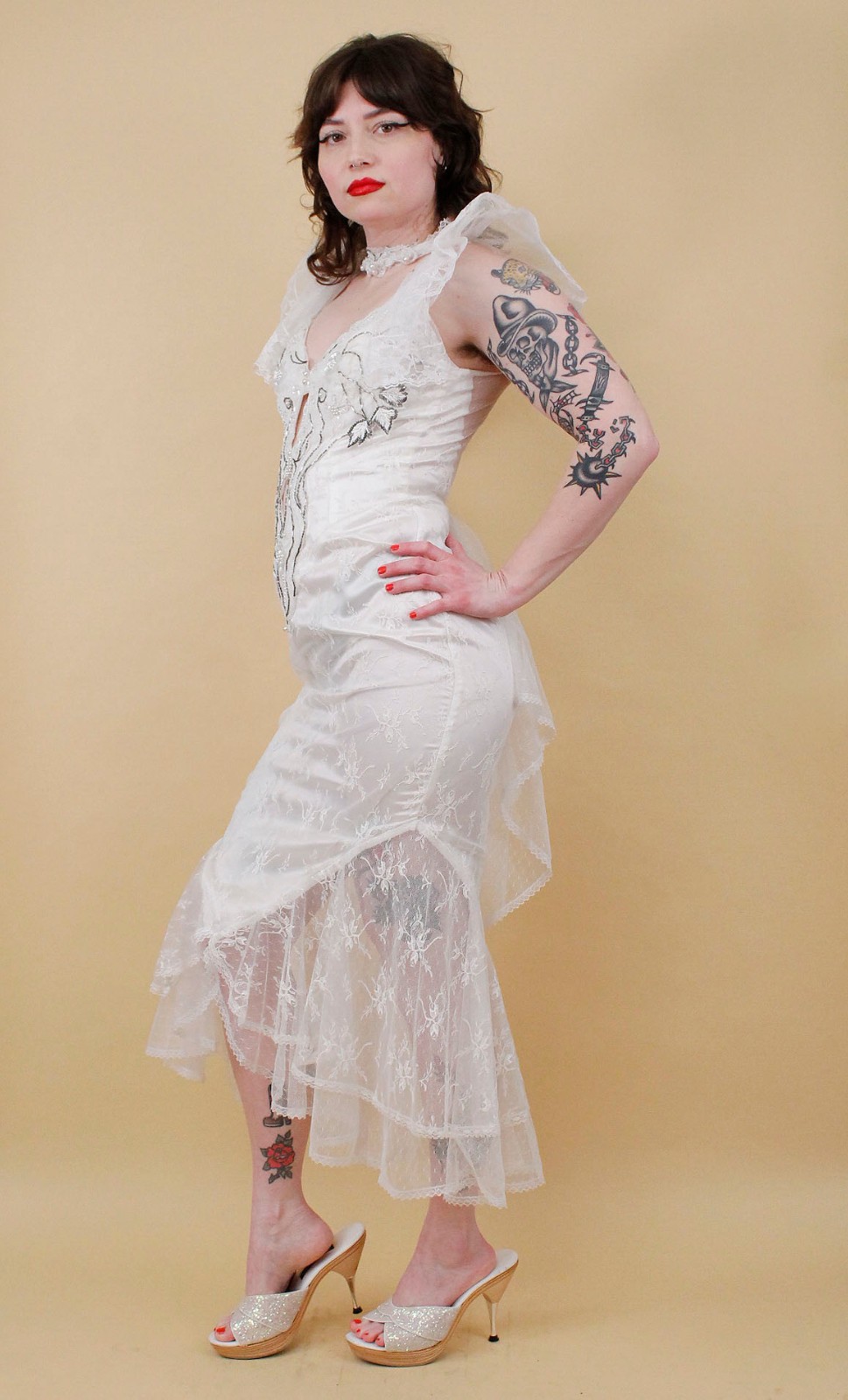 80s Vtg CLIMAX Karen Okada White Lace Angel Sleeve Dress Sheer Mesh Glam Mermaid