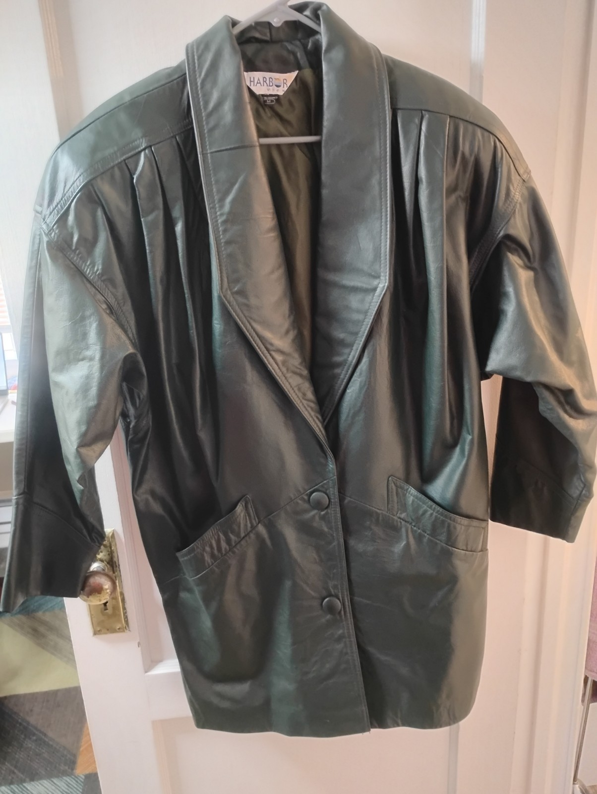 Vintage 80s Harbor Dark Green Leather Jacket Oversized Shawl Collar Coat Medium