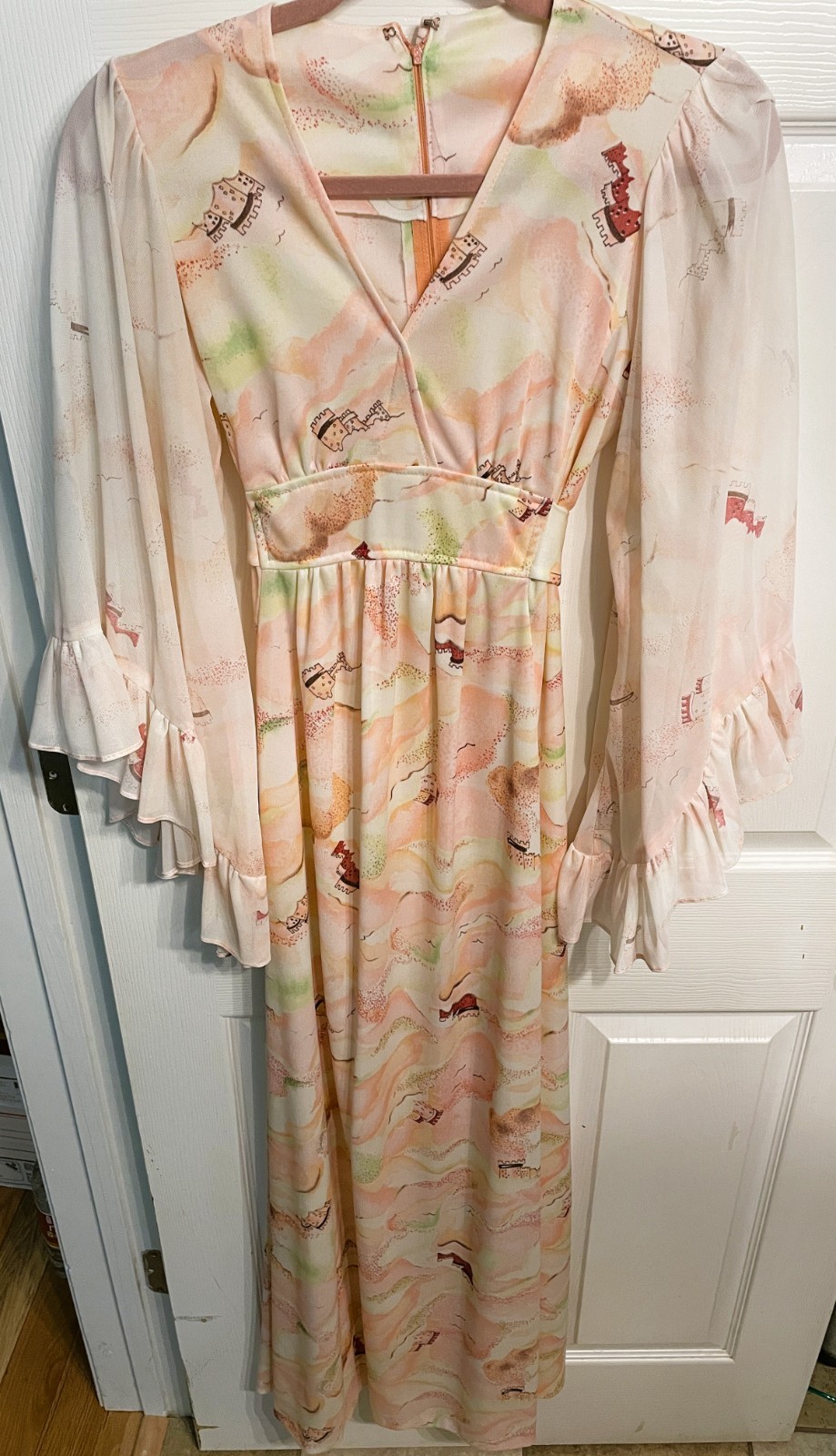 Vtg Sears Fashion 70s Hippie Maxi Dress Flowy Butterfly Wing Sleeve Polyester 12