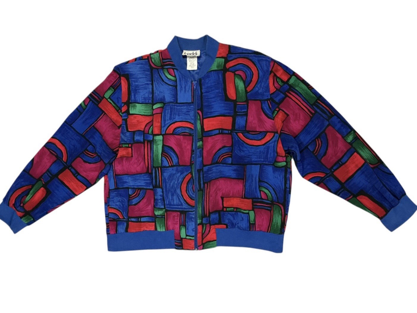 Vintage 80s Teddi Abstract Geometric Bomber Jacket Colorful Retro Art Print L