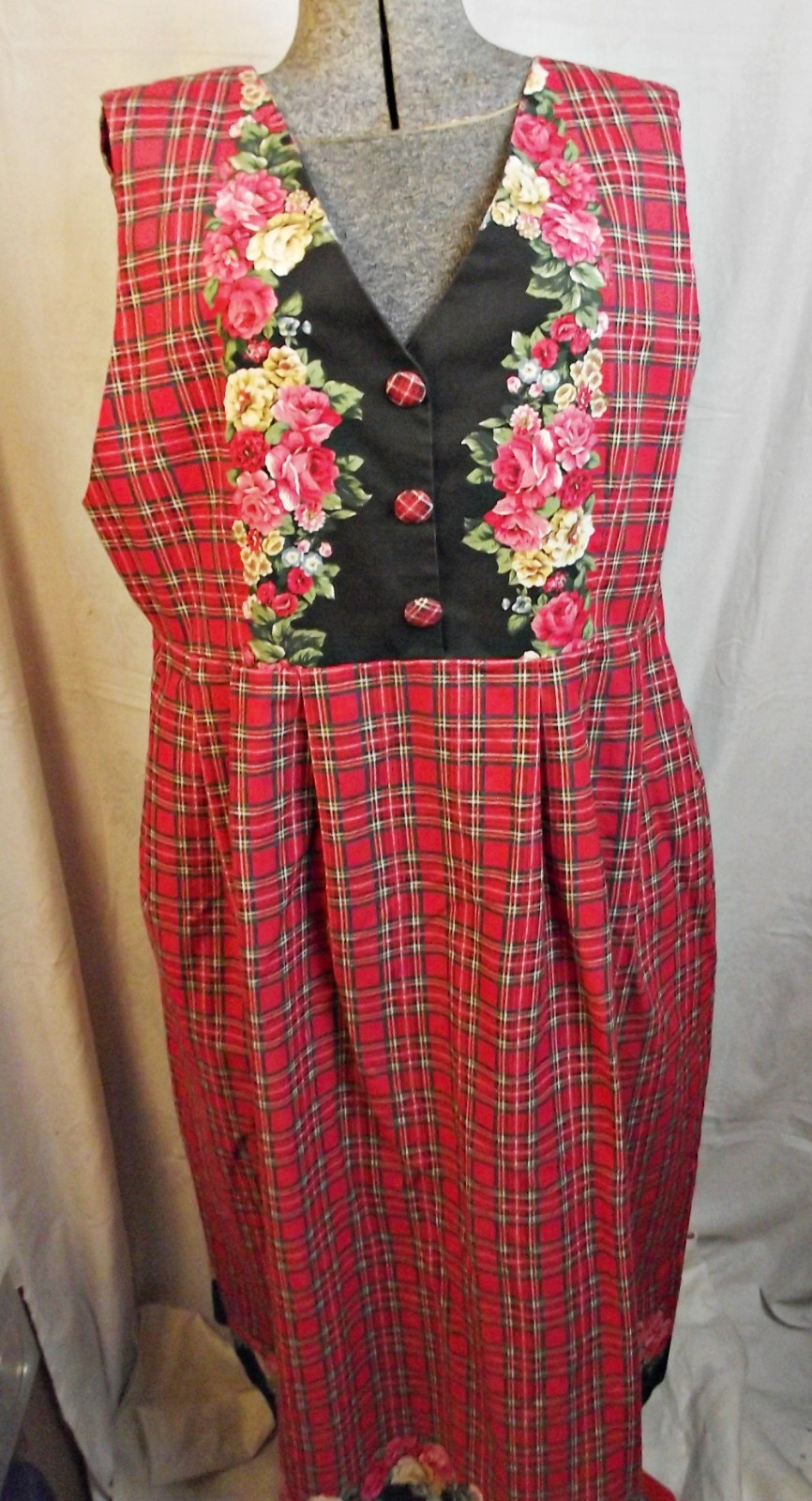 COTTAGECORE Hand Made Womens Jumper Pinafore Dress Red Tartan Plaid Roses XL