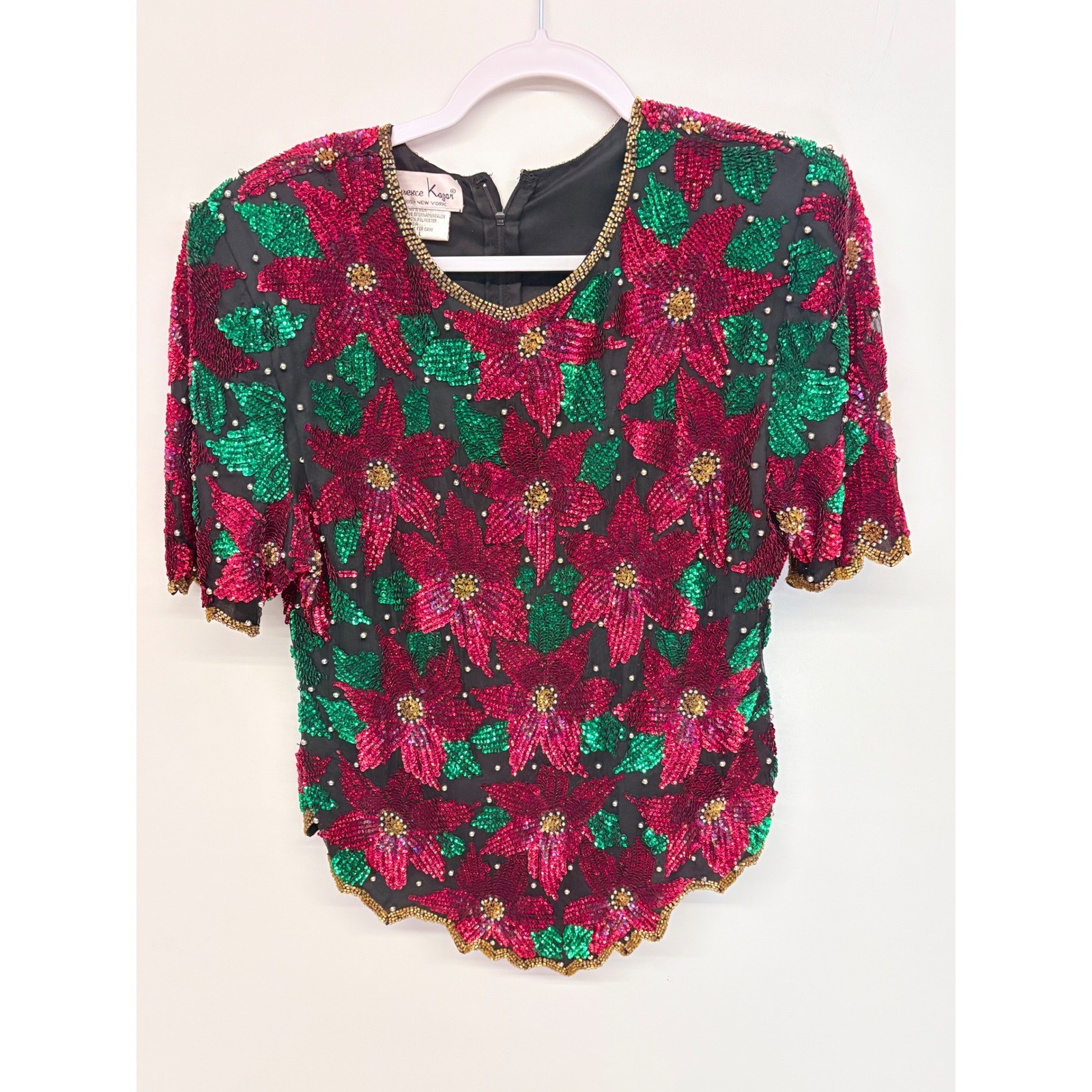 Laurence Kazar Christmascore Poinsettia Top Sz L Red Green Beaded Vintage Glam