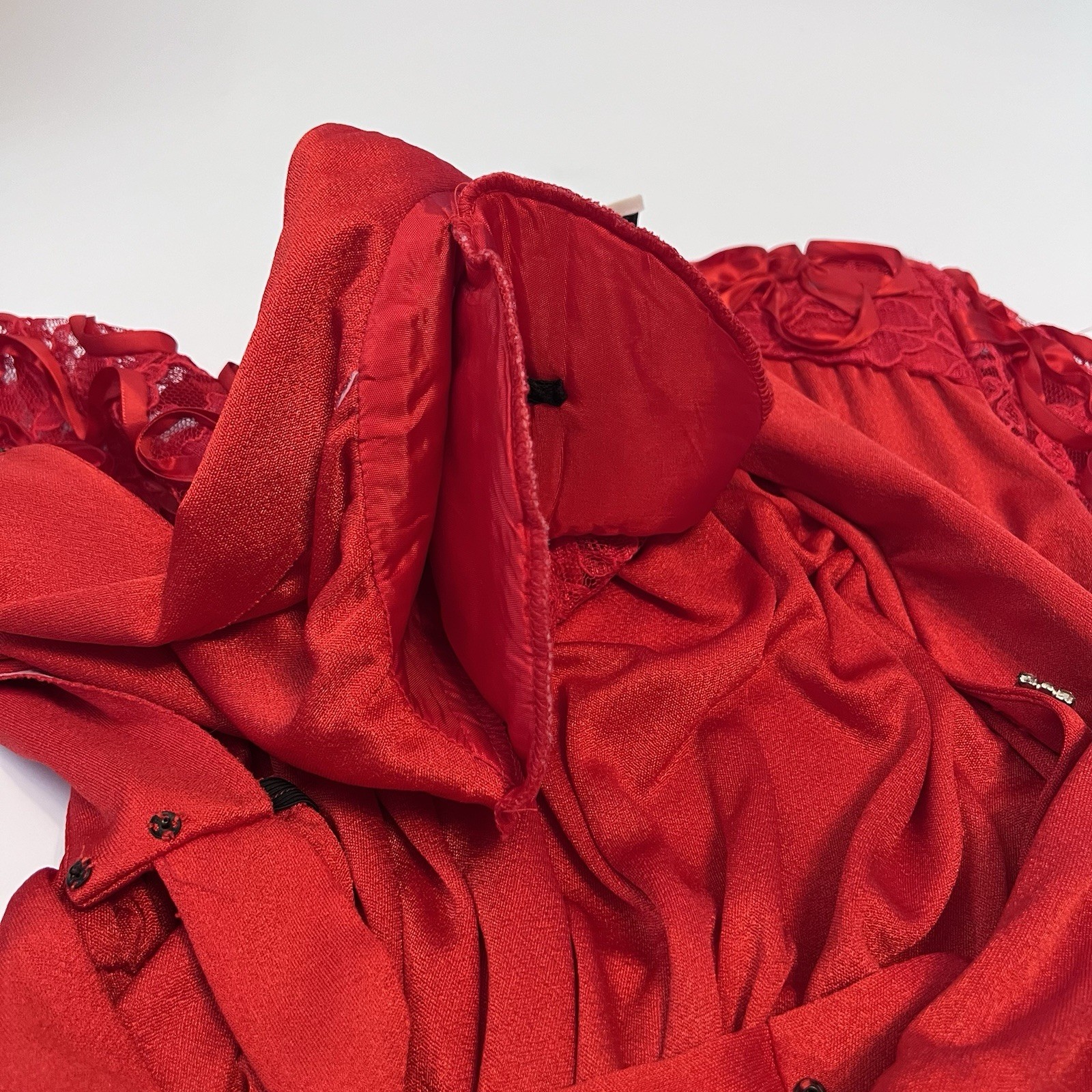 Vintage Claralura Red Jumpsuit L/S Rhinestone Button Lace Sleeve USA 80s Glam
