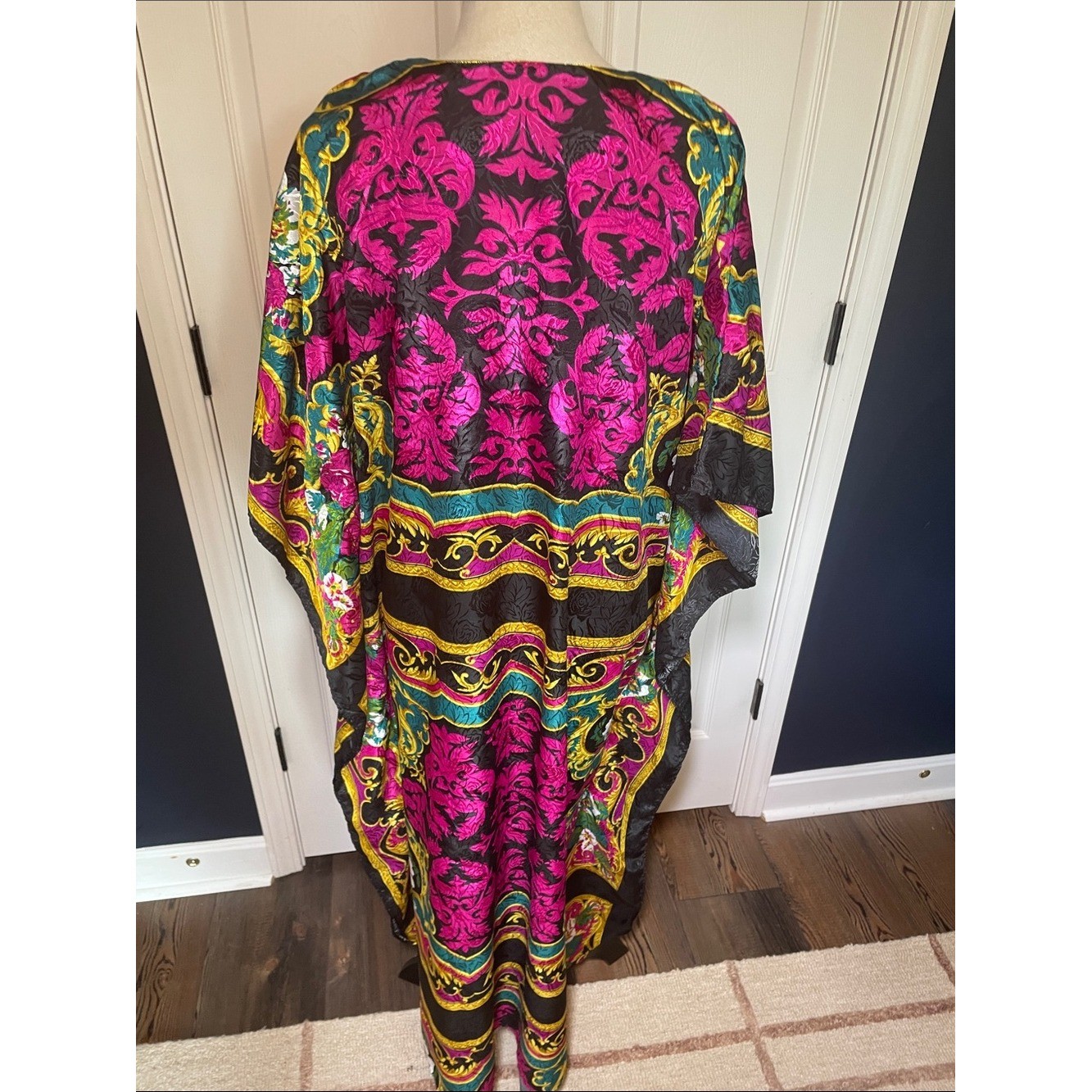 Vintage Exclusively Yours Vibrant Fuchsia & Black Maxi Dress Kaftan Baroque OS