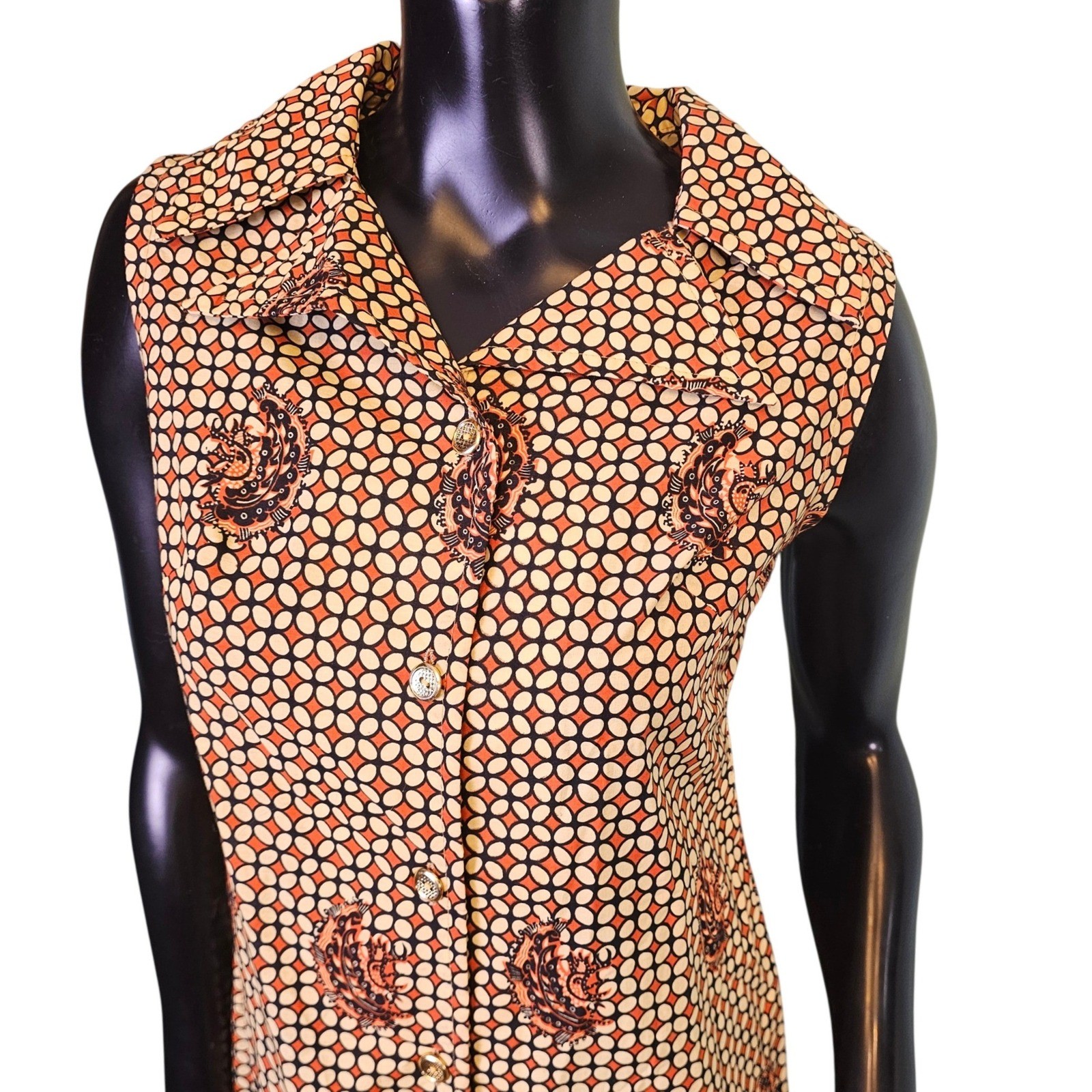 Vintage 60s Mandarin Hong Kong Batik Print Sleeveless Aline Mod Shift Dress