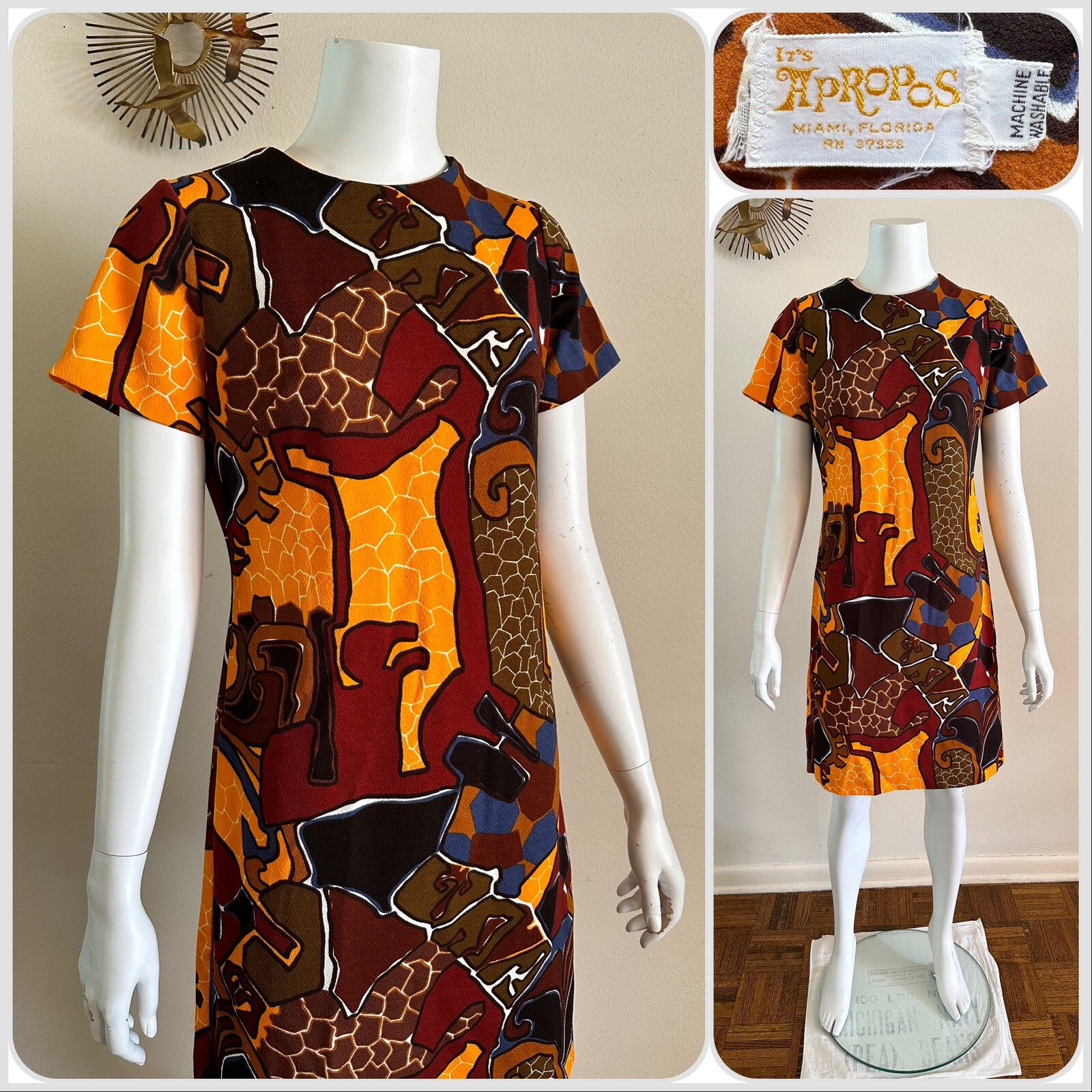 1970s It’s Apropos Miami Florida Hawaiian Dress Block Print Safari Op Art S VTG